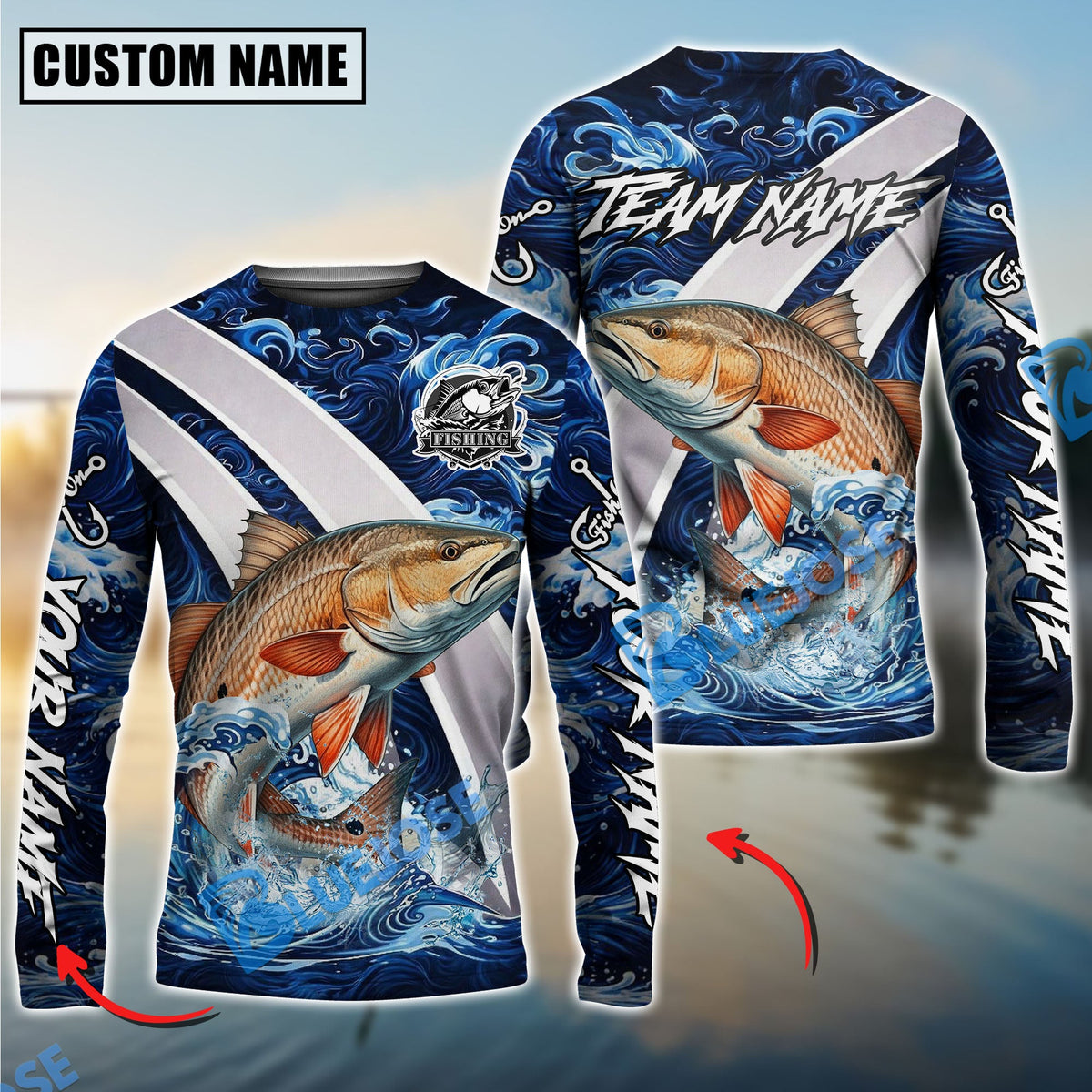 Bluejose Redfish Fishing Blue Lava Smoke Silver Line Design Custom Name &amp; Team Name 3D Shirts