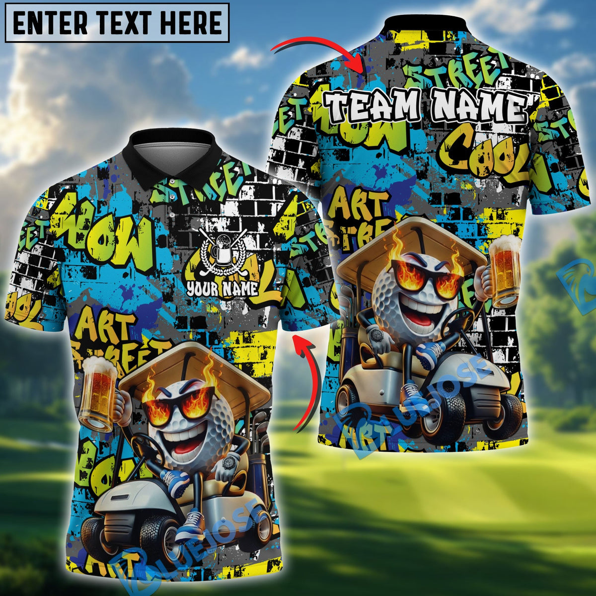 BlueJose Beer &amp; Golf Cart Polo Personalized Name, Team Name 3D Shirt (4 Colors)