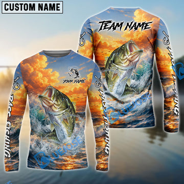 Bluejose Bass Fishing Ocean Sunset Wave Custom Name & Team Name 3D Shirts