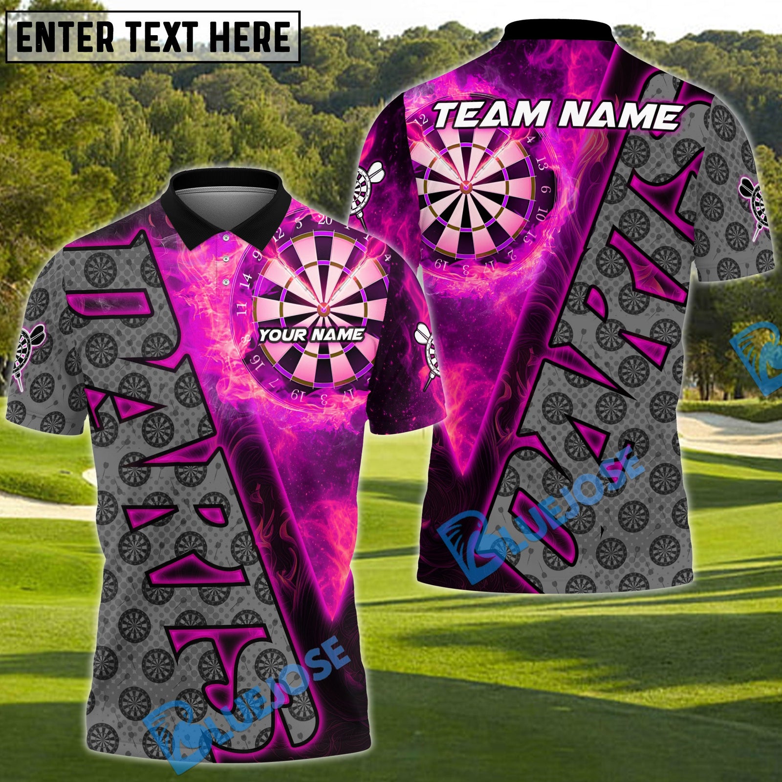 BlueJose Darts Fire Dartboard Flame Graphic Multicolor Options Personalized Name Shirt (6 Colors)