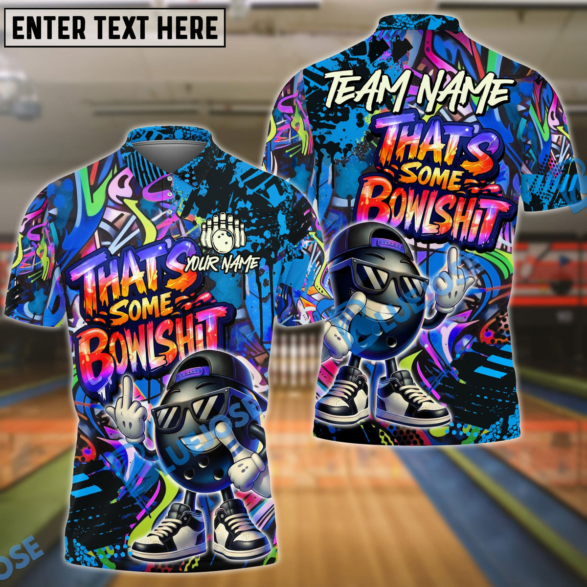 BlueJose Bowling &amp; Pins  Funny Graffiti Cool Cartoon Street Art Design That's Some Bowlshit Customized Name, Team Name 3D Shirt (4 Colors)