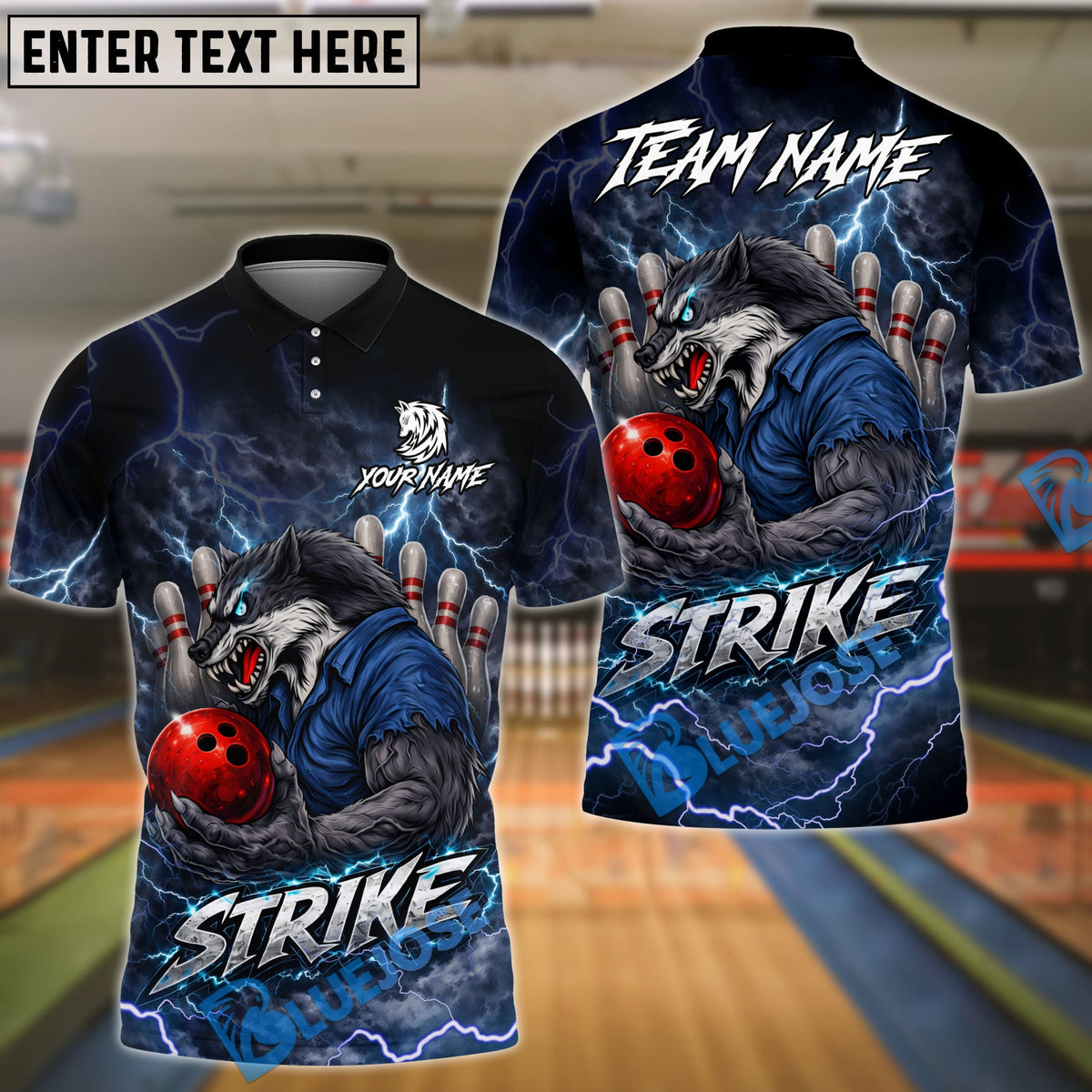 BlueJose Bowling &amp; Pins Thunder Werewolf Customized Name, Team Name 3D Shirt (6 Colors)