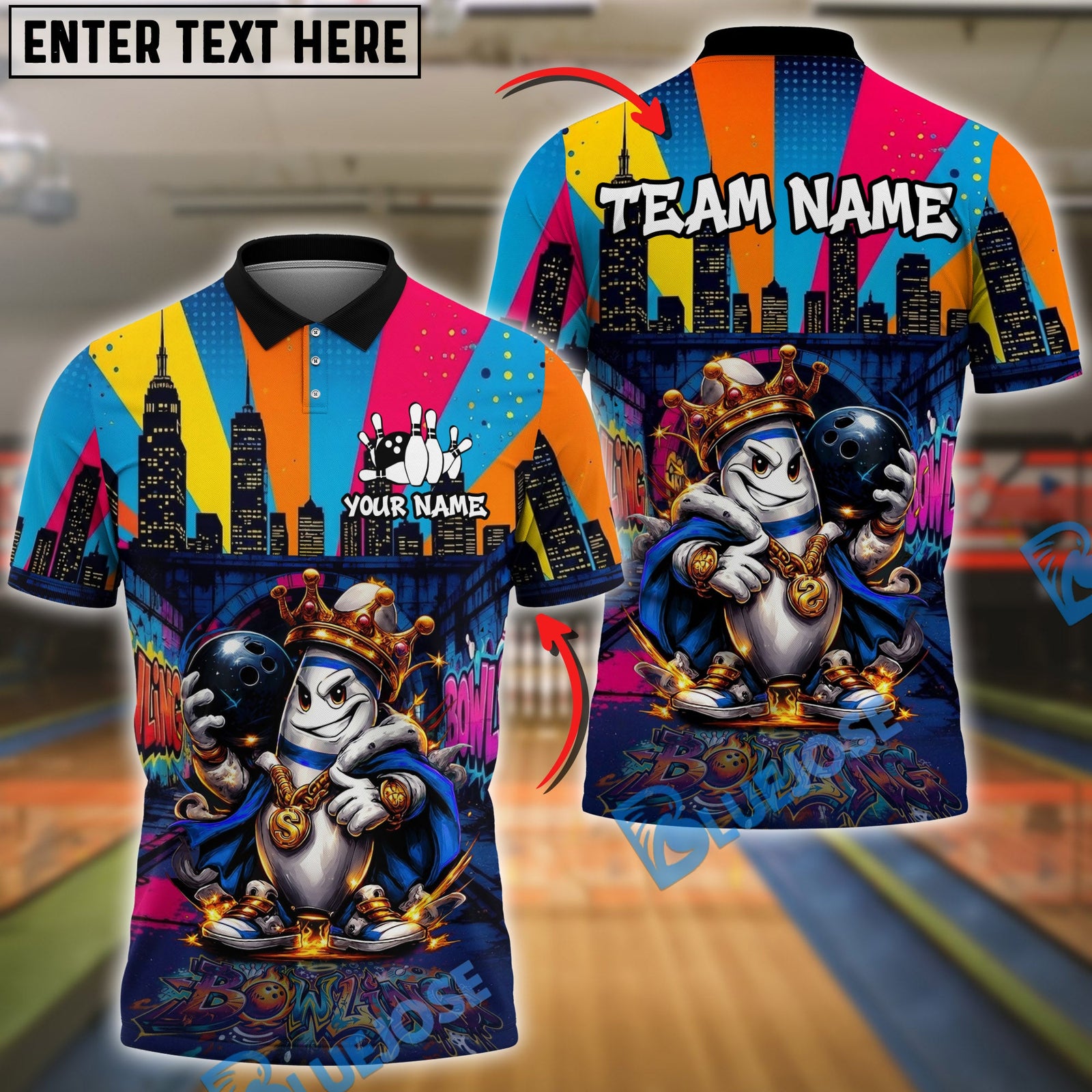 BlueJose Bowling & Pins Graffiti Street Lane King Customized Name, Team Name 3D Shirt (4 Colors)