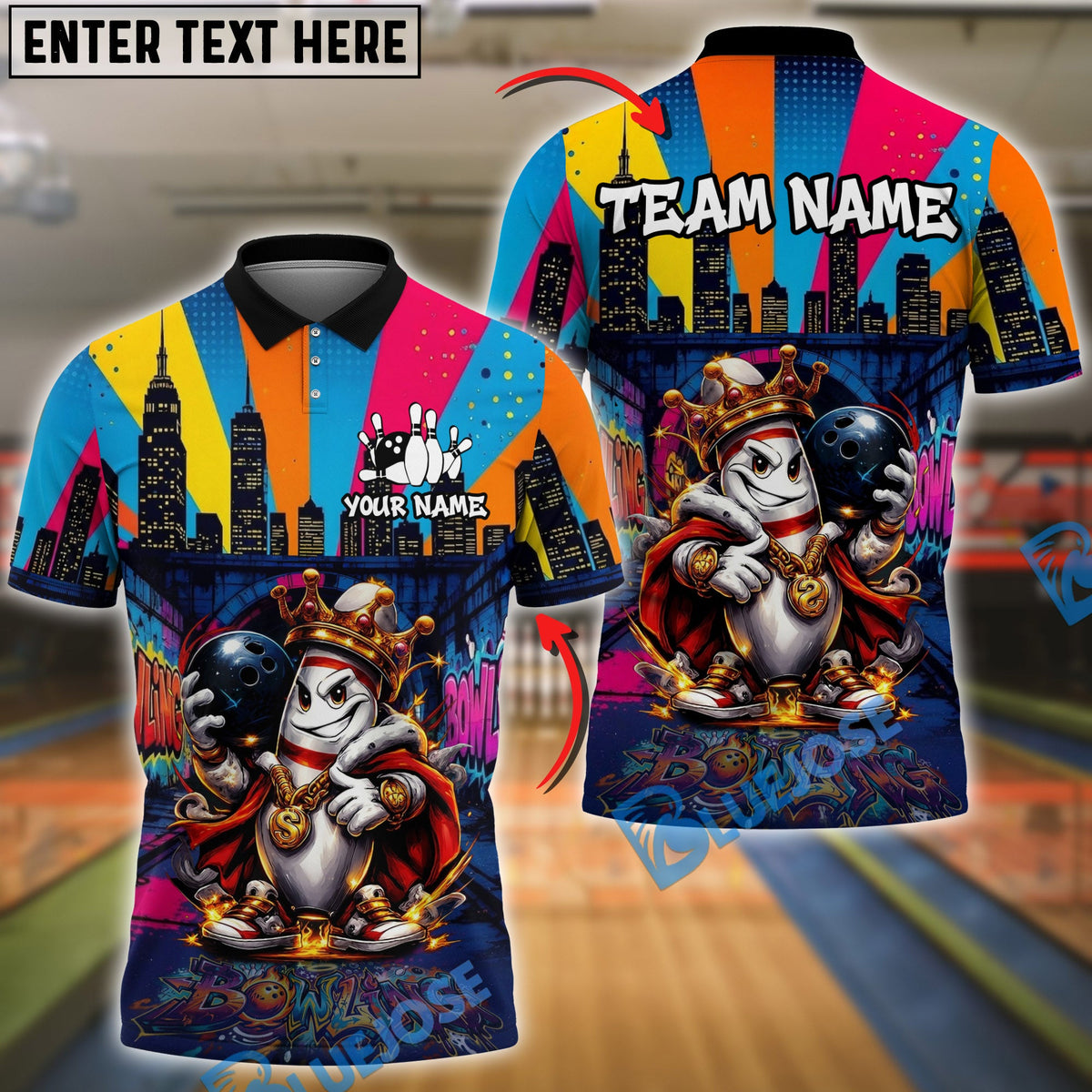 BlueJose Bowling &amp; Pins Graffiti Street Lane King Customized Name, Team Name 3D Shirt (4 Colors)