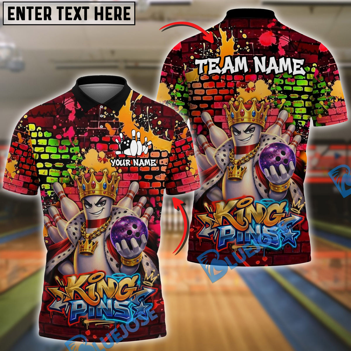 BlueJose Bowling &amp; Pins Graffiti Street King Pins Customized Name, Team Name 3D Shirt (4 Colors)