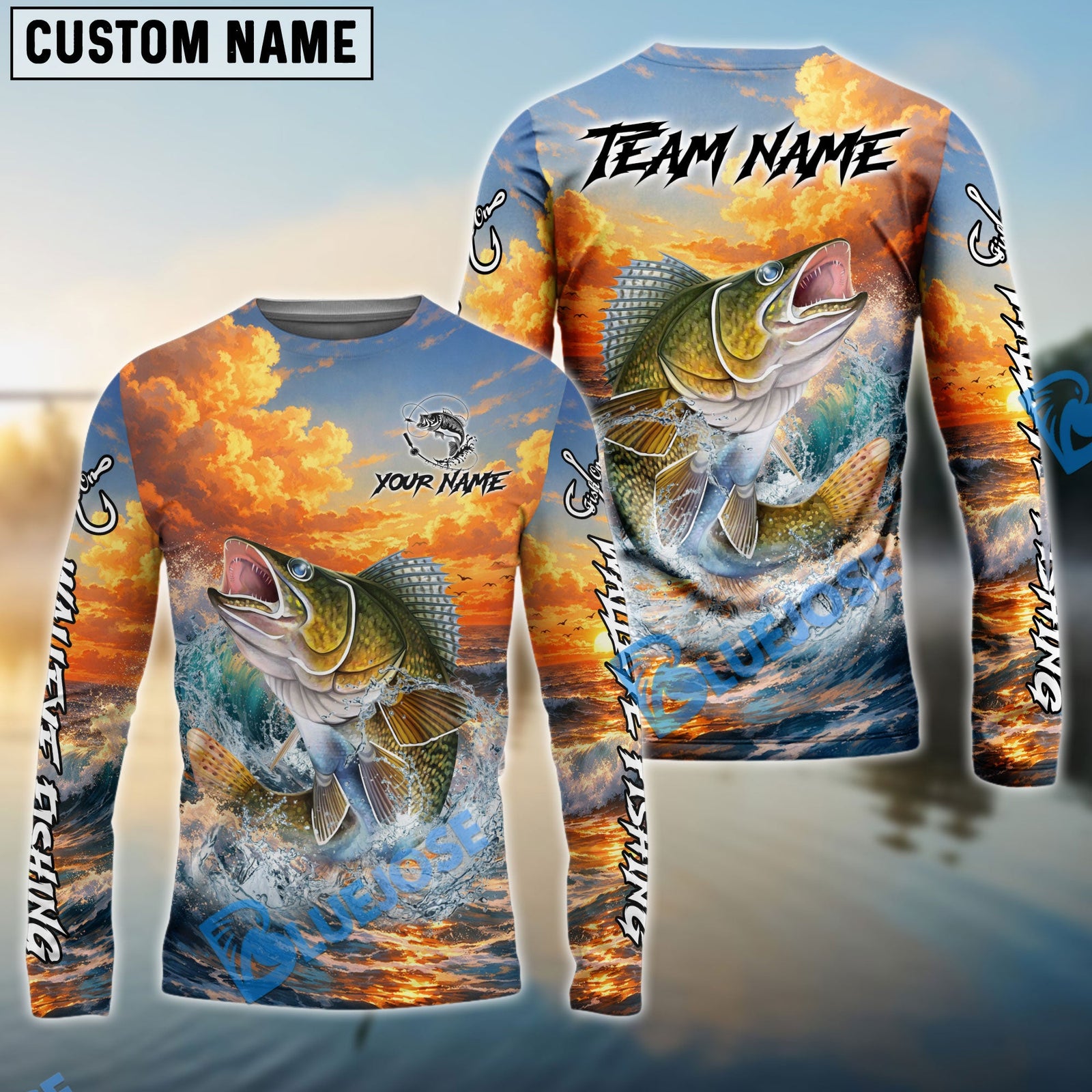 Bluejose Walleye Fishing Ocean Sunset Wave Custom Name & Team Name 3D Shirts
