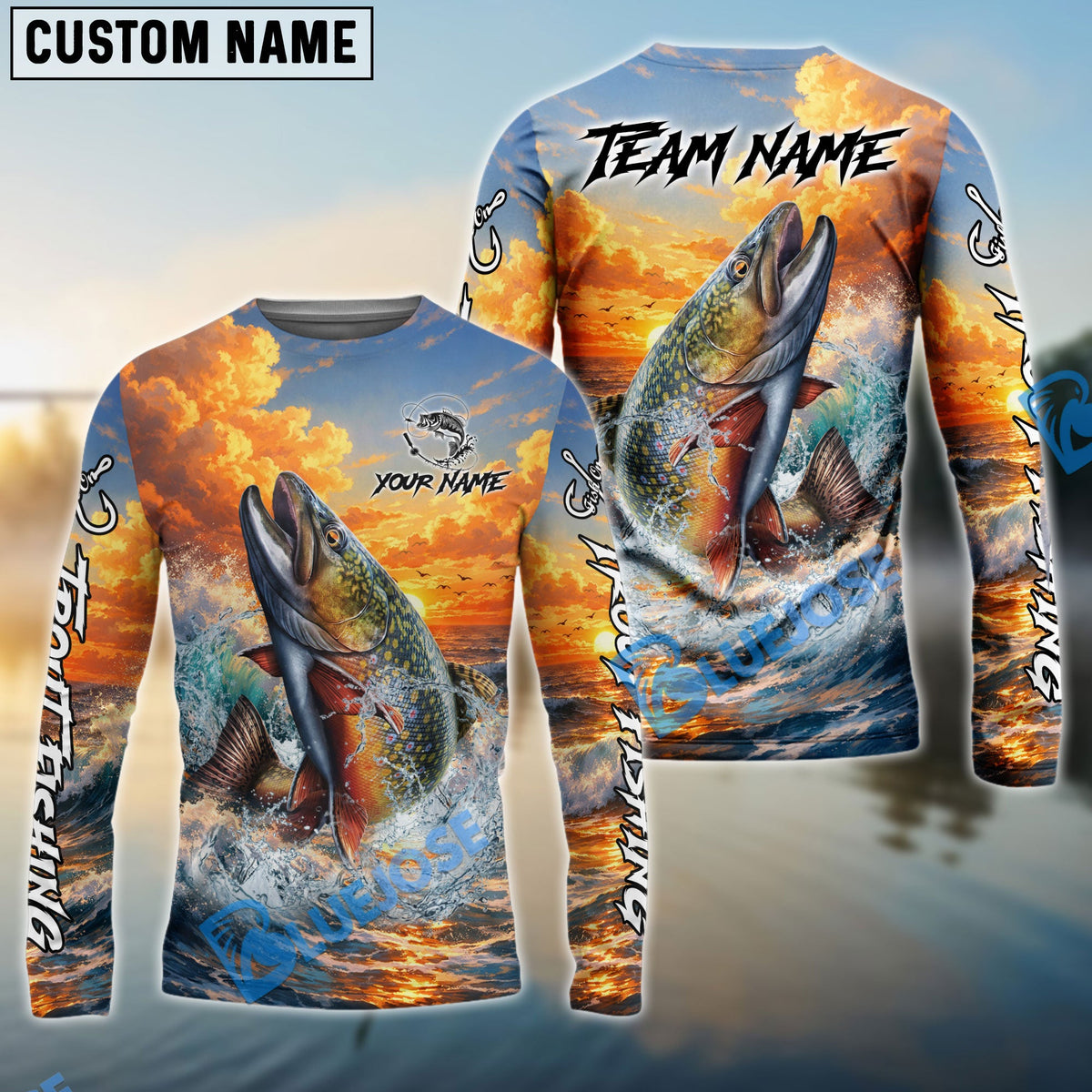 Bluejose Trout Fishing Ocean Sunset Wave Custom Name &amp; Team Name 3D Shirts