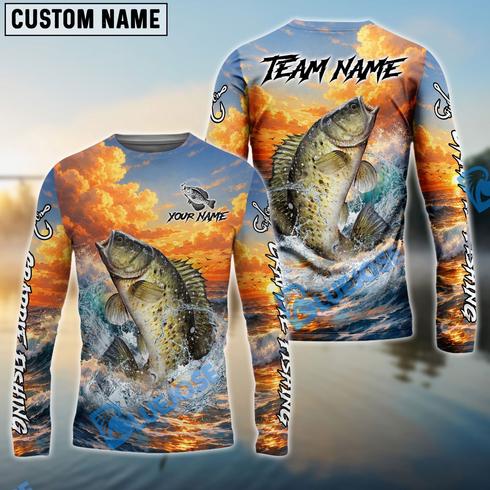 Bluejose Crappie Fishing Ocean Sunset Wave Custom Name & Team Name 3D Shirts