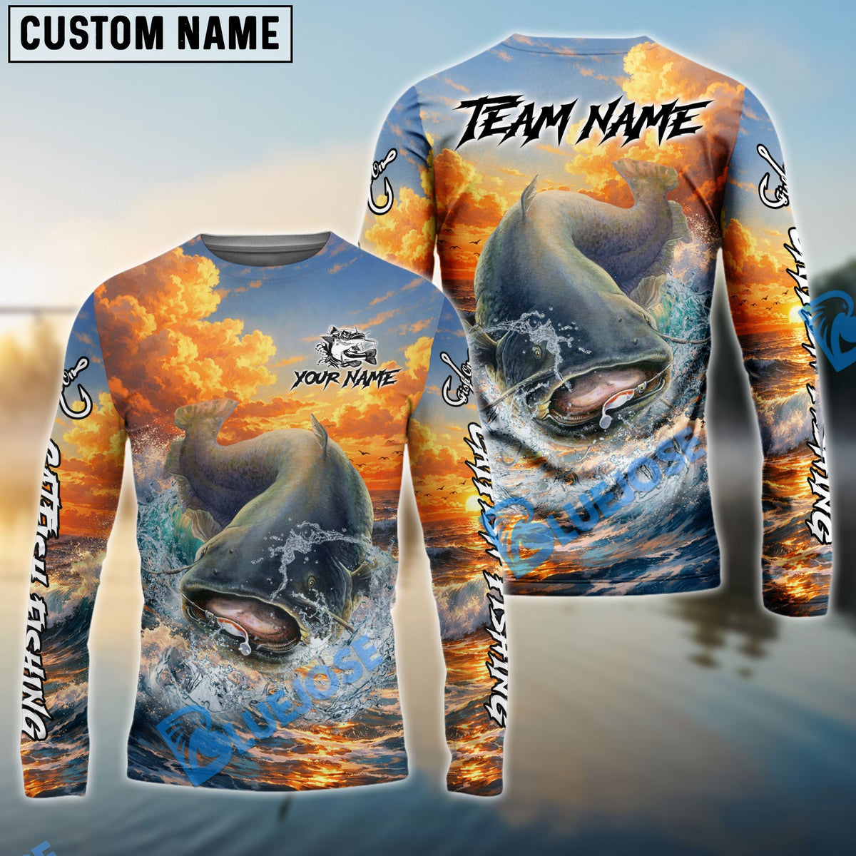 Bluejose Catfish Fishing Ocean Sunset Wave Custom Name &amp; Team Name 3D Shirts