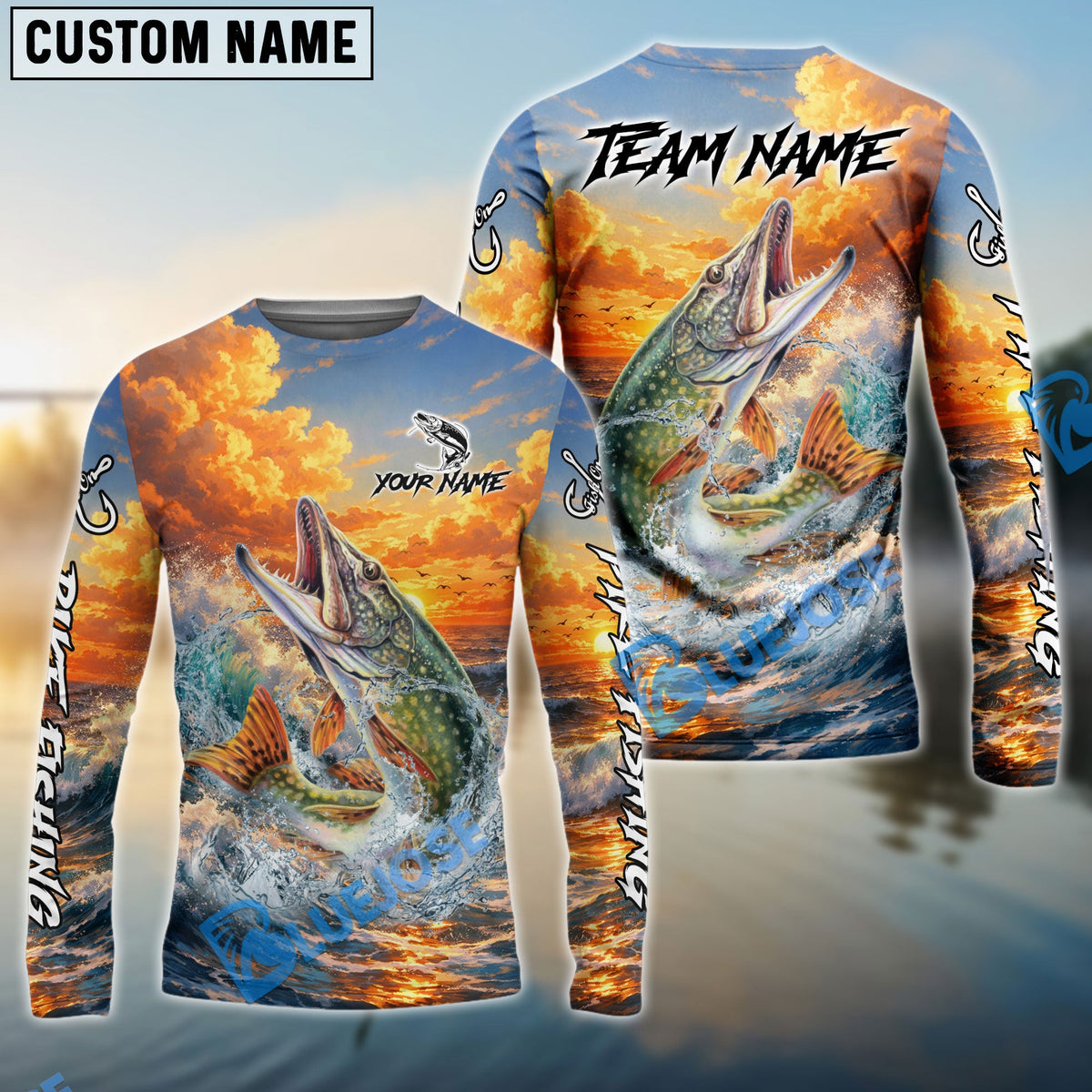 Bluejose Pike Fishing Ocean Sunset Wave Custom Name &amp; Team Name 3D Shirts