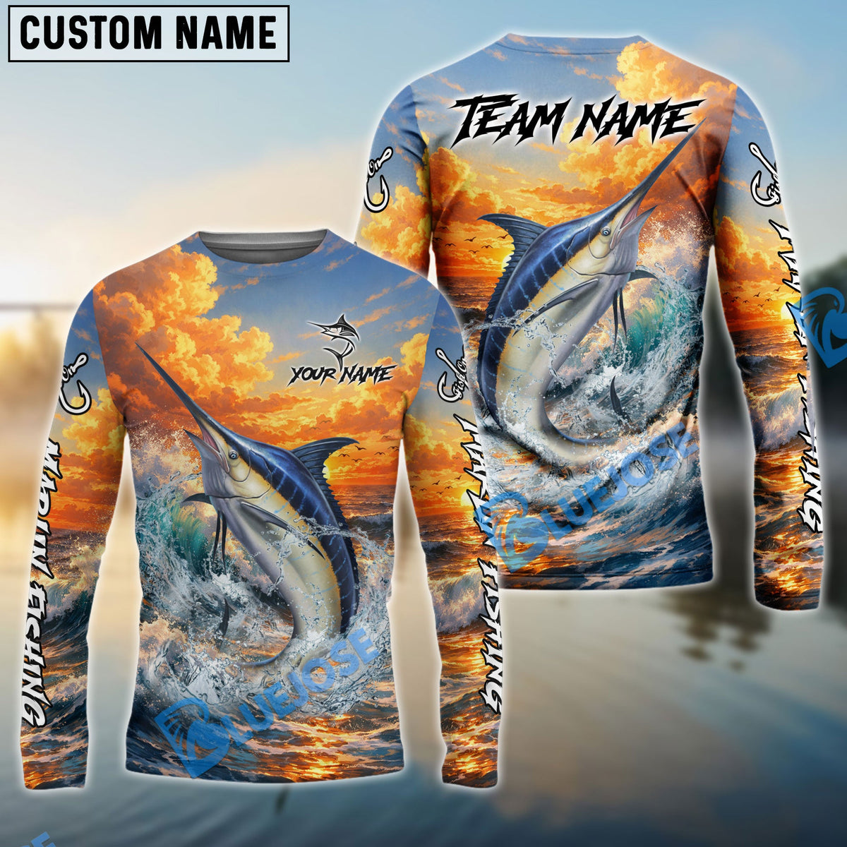 Bluejose Marlin Fishing Ocean Sunset Wave Custom Name &amp; Team Name 3D Shirts
