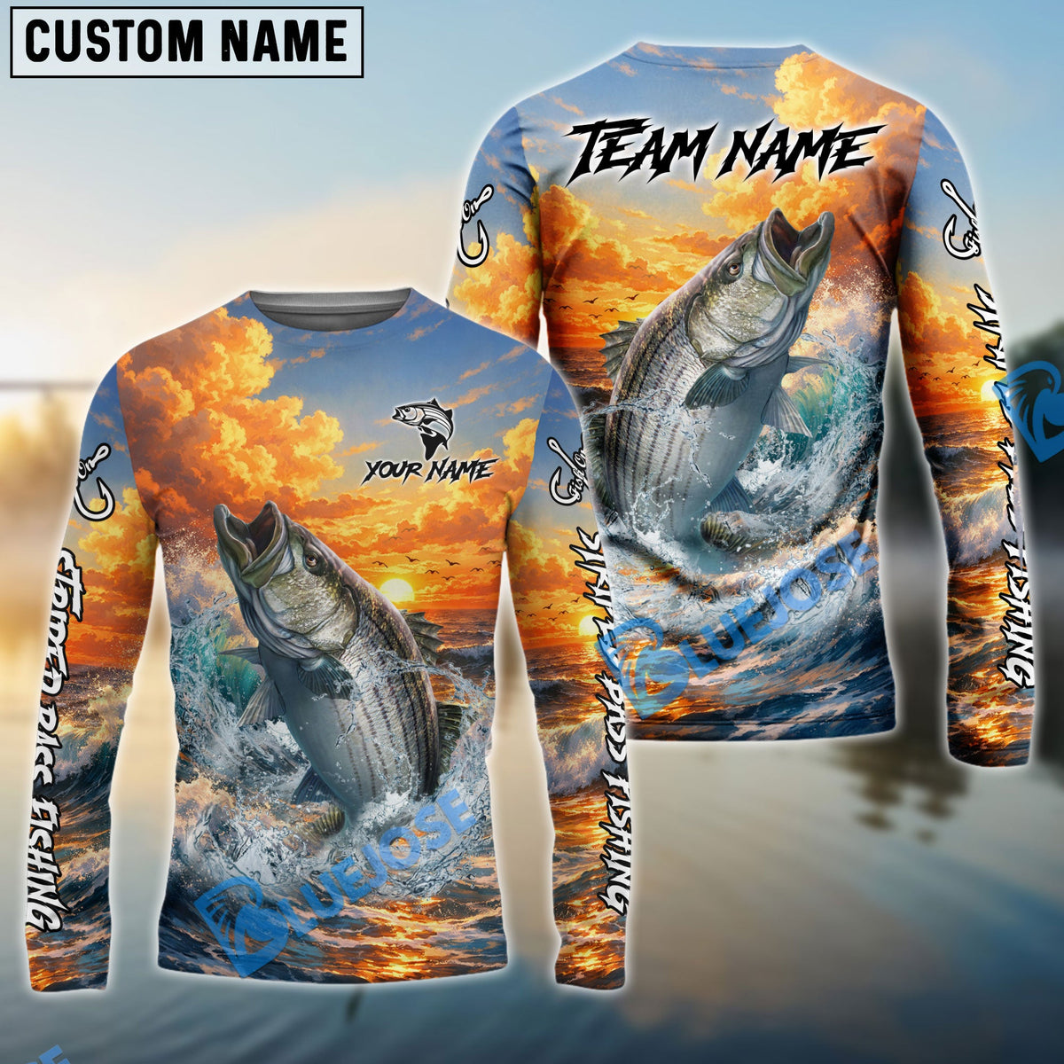 Bluejose Striped Bass Fishing Ocean Sunset Wave Custom Name &amp; Team Name 3D Shirts