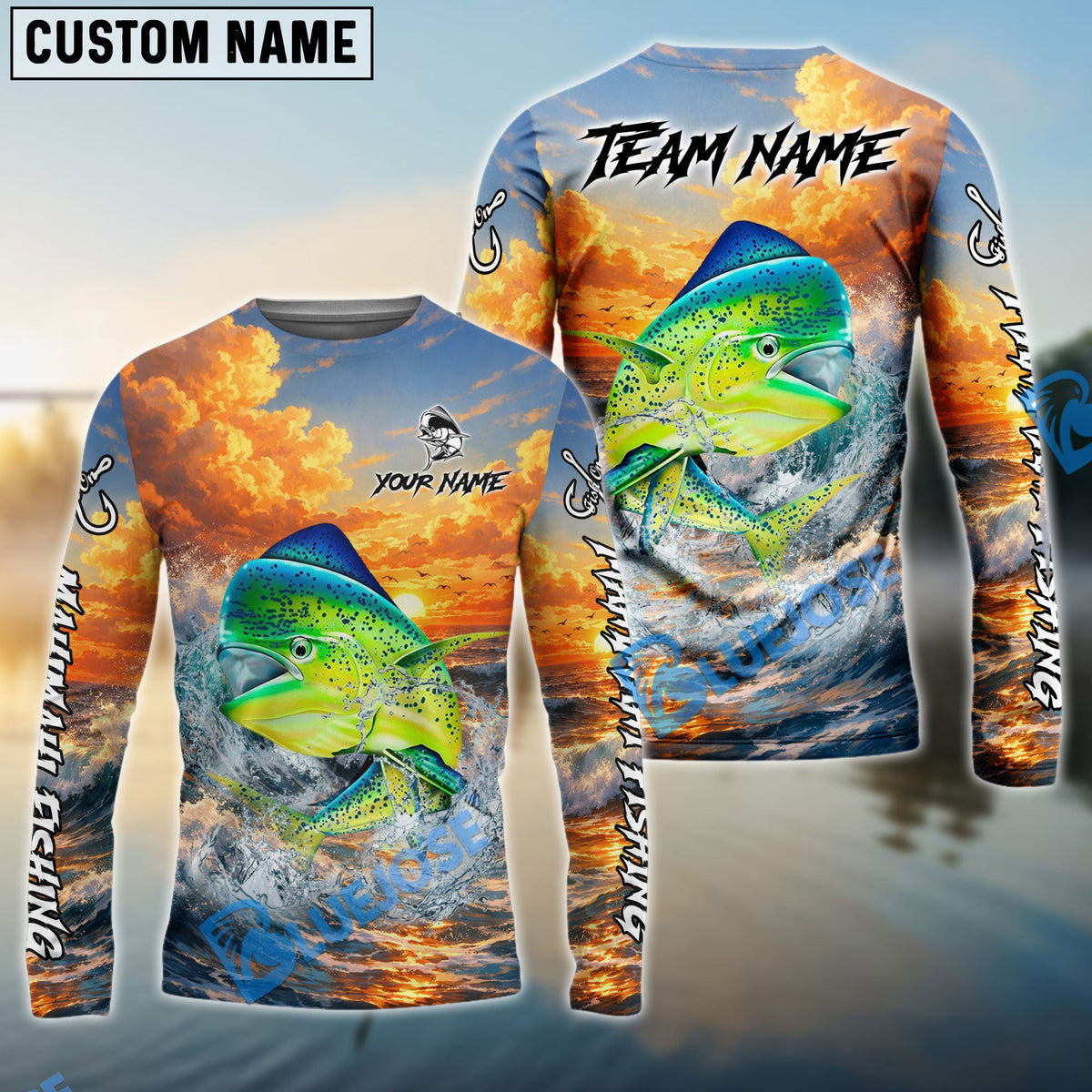 Bluejose Mahi-mahi Fishing Ocean Sunset Wave Custom Name &amp; Team Name 3D Shirts