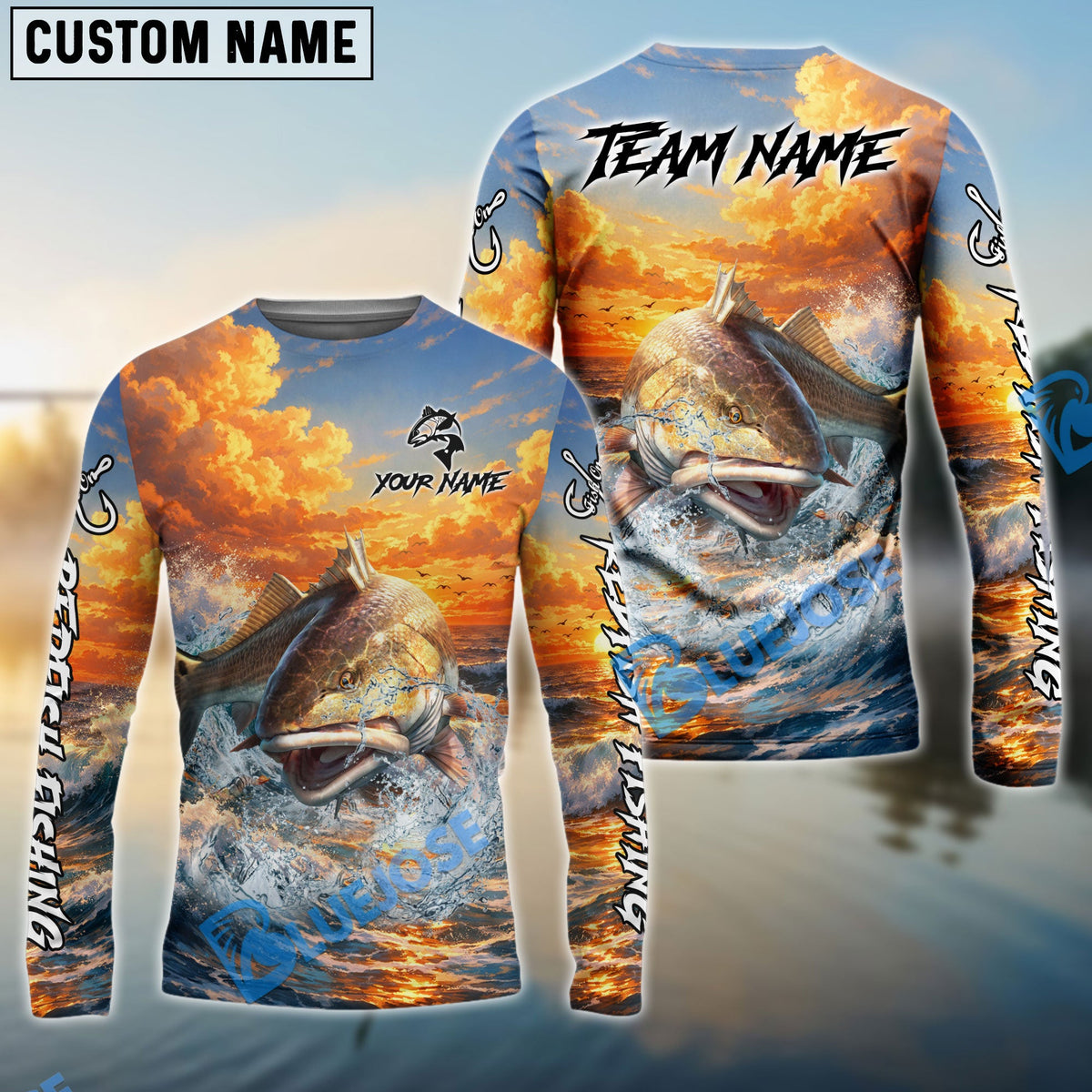 Bluejose Redfish Fishing Ocean Sunset Wave Custom Name &amp; Team Name 3D Shirts