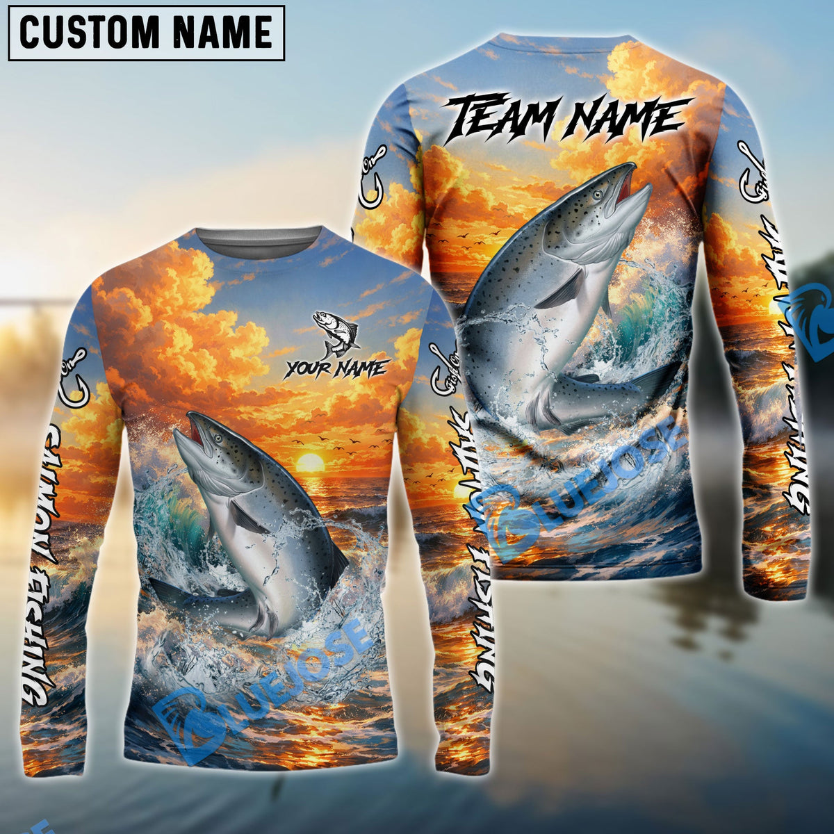 Bluejose Salmon Fishing Ocean Sunset Wave Custom Name &amp; Team Name 3D Shirts