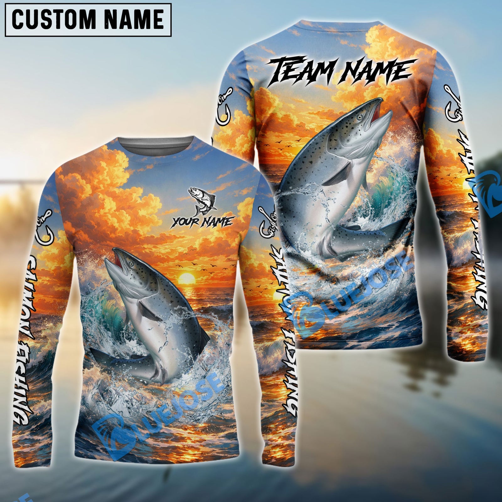 Bluejose Salmon Fishing Ocean Sunset Wave Custom Name & Team Name 3D Shirts