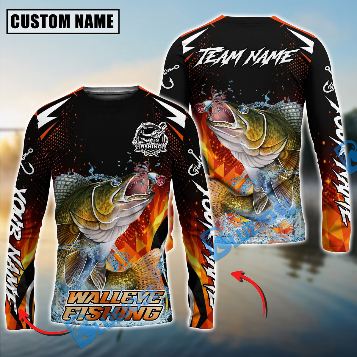 Bluejose Walleye Fishing Fire Touch Custom Name &amp; Team Name 3D Shirts