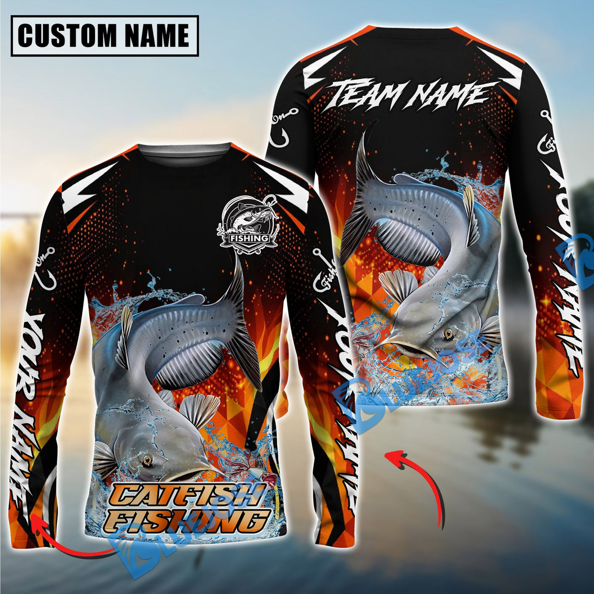 Bluejose Catfish Fishing Fire Touch Custom Name &amp; Team Name 3D Shirts