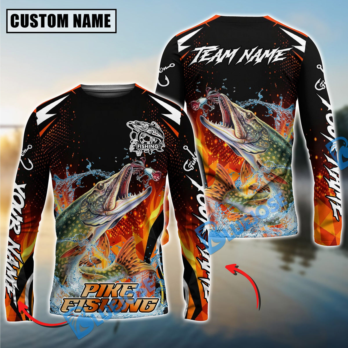 Bluejose Pike Fishing Fire Touch Custom Name &amp; Team Name 3D Shirts
