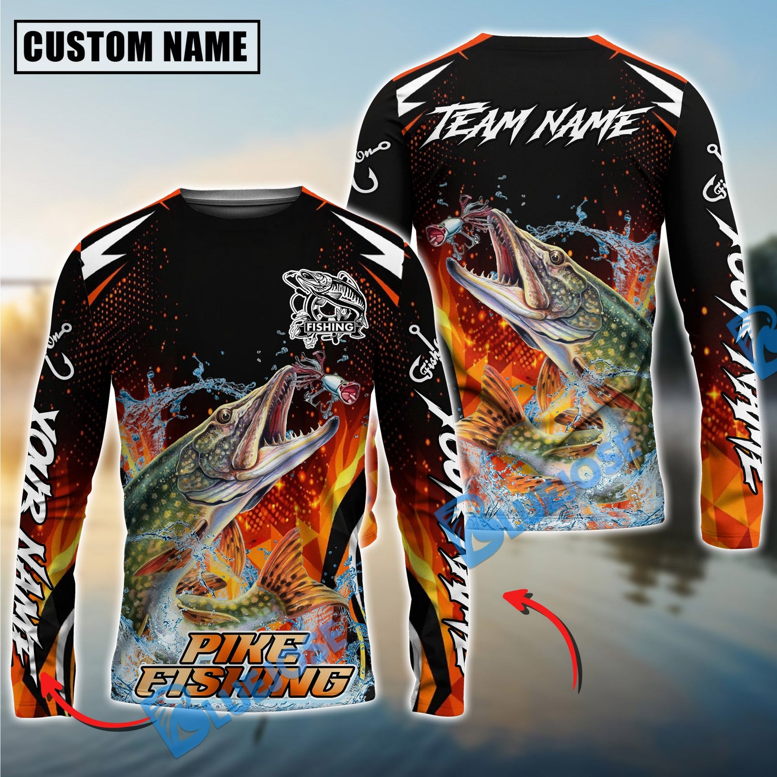Bluejose Pike Fishing Fire Touch Custom Name & Team Name 3D Shirts