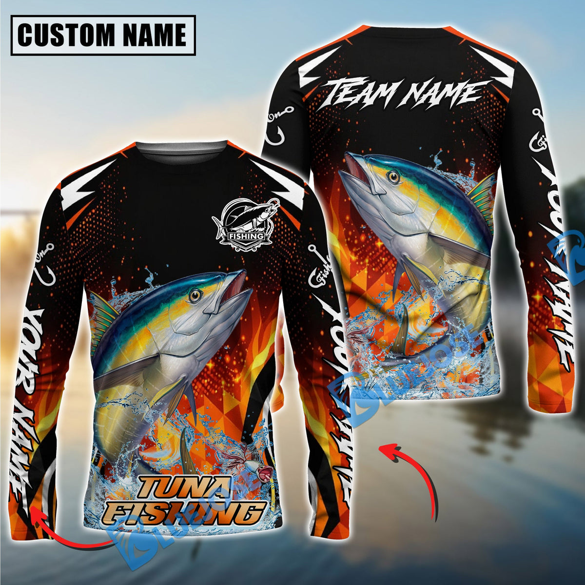 Bluejose Tuna Fishing Fire Touch Custom Name &amp; Team Name 3D Shirts