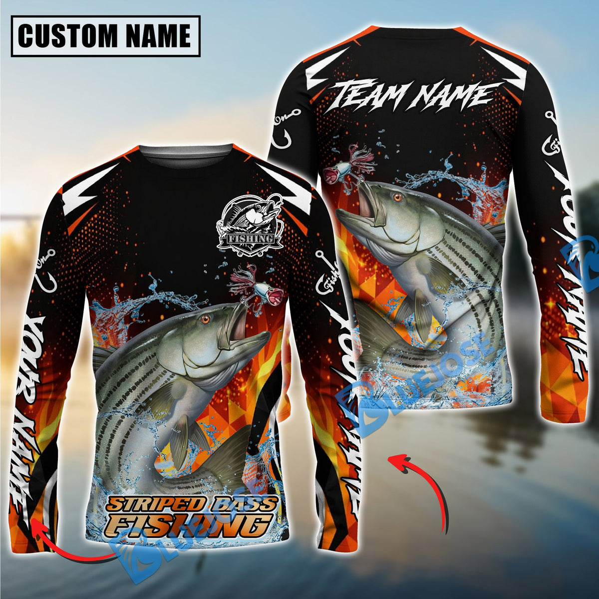 Bluejose Striped Bass Fishing Fire Touch Custom Name &amp; Team Name 3D Shirts