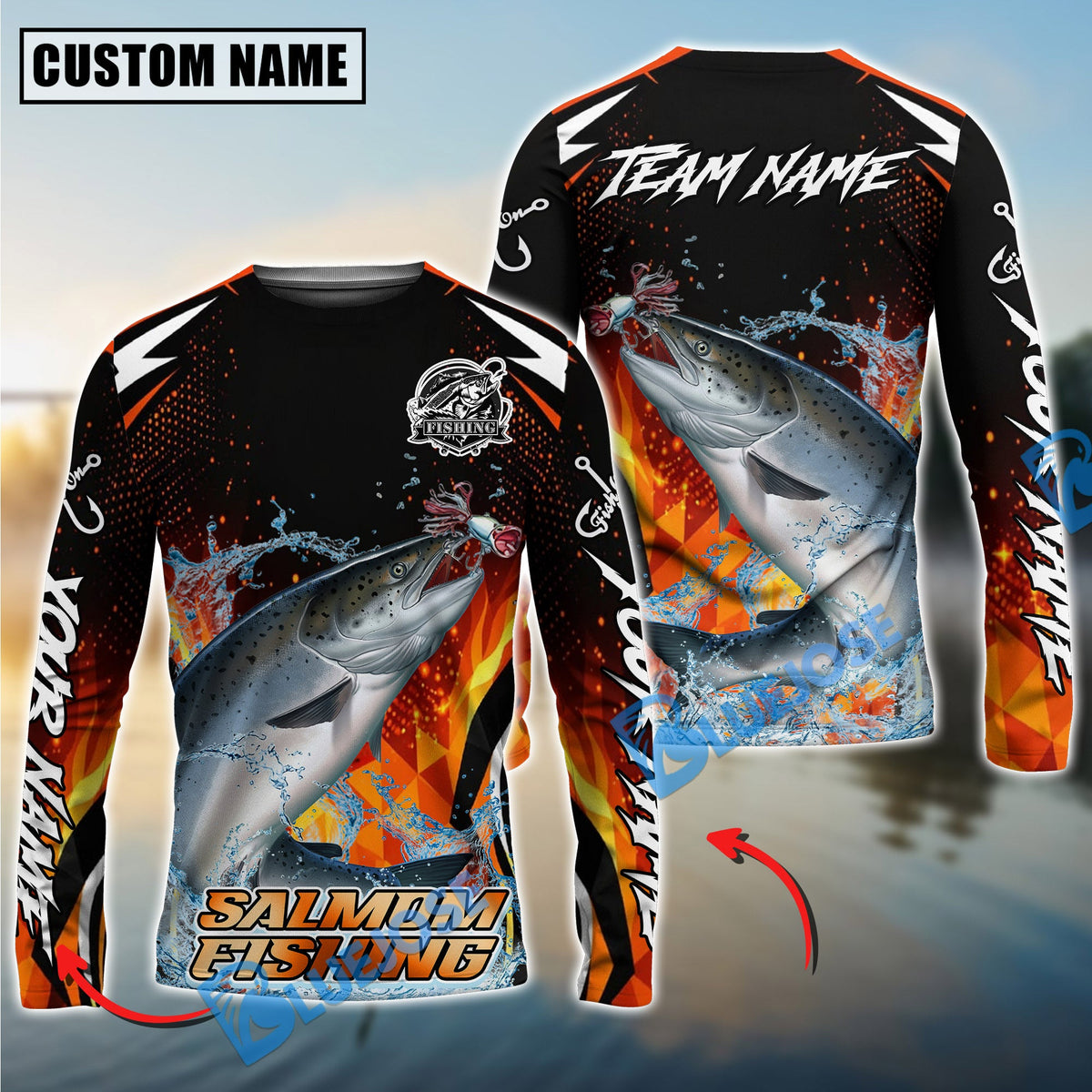 Bluejose Salmon Fishing Fire Touch Custom Name &amp; Team Name 3D Shirts