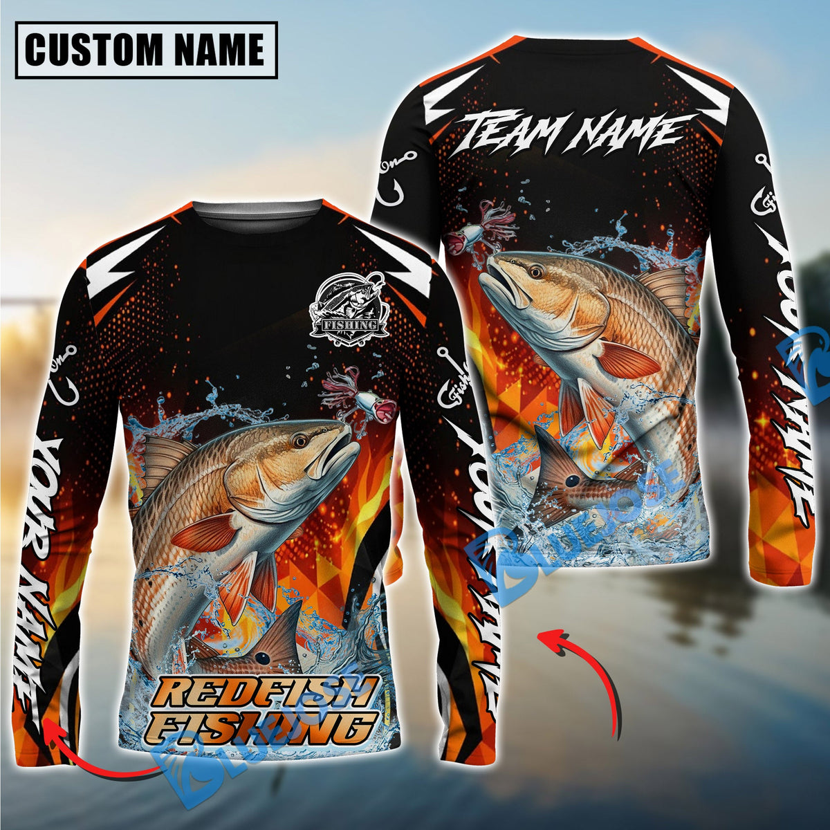 Bluejose Redfish Fishing Fire Touch Custom Name &amp; Team Name 3D Shirts