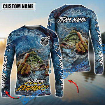 Bluejose Bass Fishing Seawave Stinky Finger Smoking Beer Custom Name & Team Name 3D Shirts