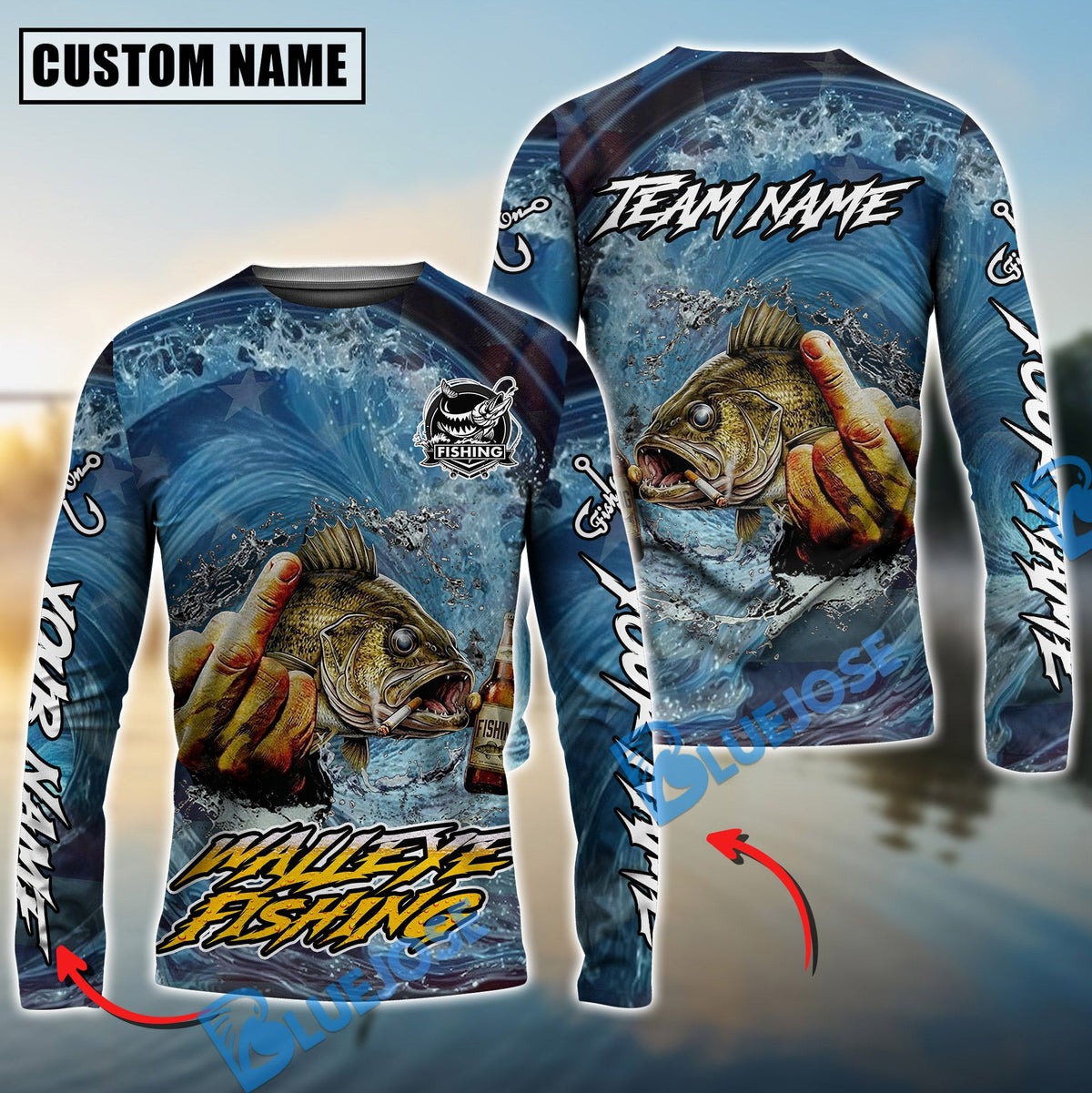 Bluejose Walleye Fishing Seawave Stinky Finger Smoking Beer Custom Name &amp; Team Name 3D Shirts