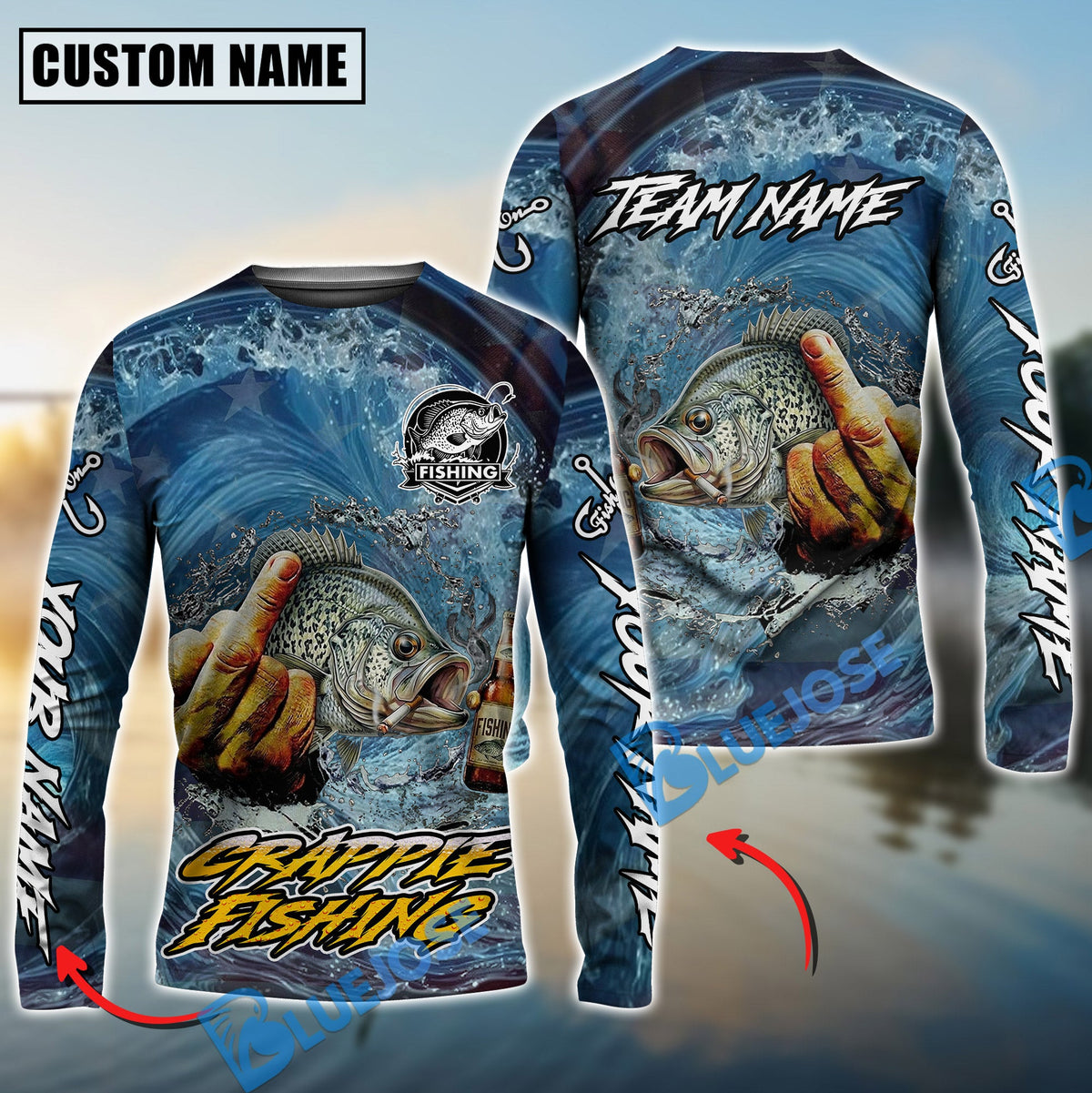 Bluejose Crappie Fishing Seawave Stinky Finger Smoking Beer Custom Name &amp; Team Name 3D Shirts