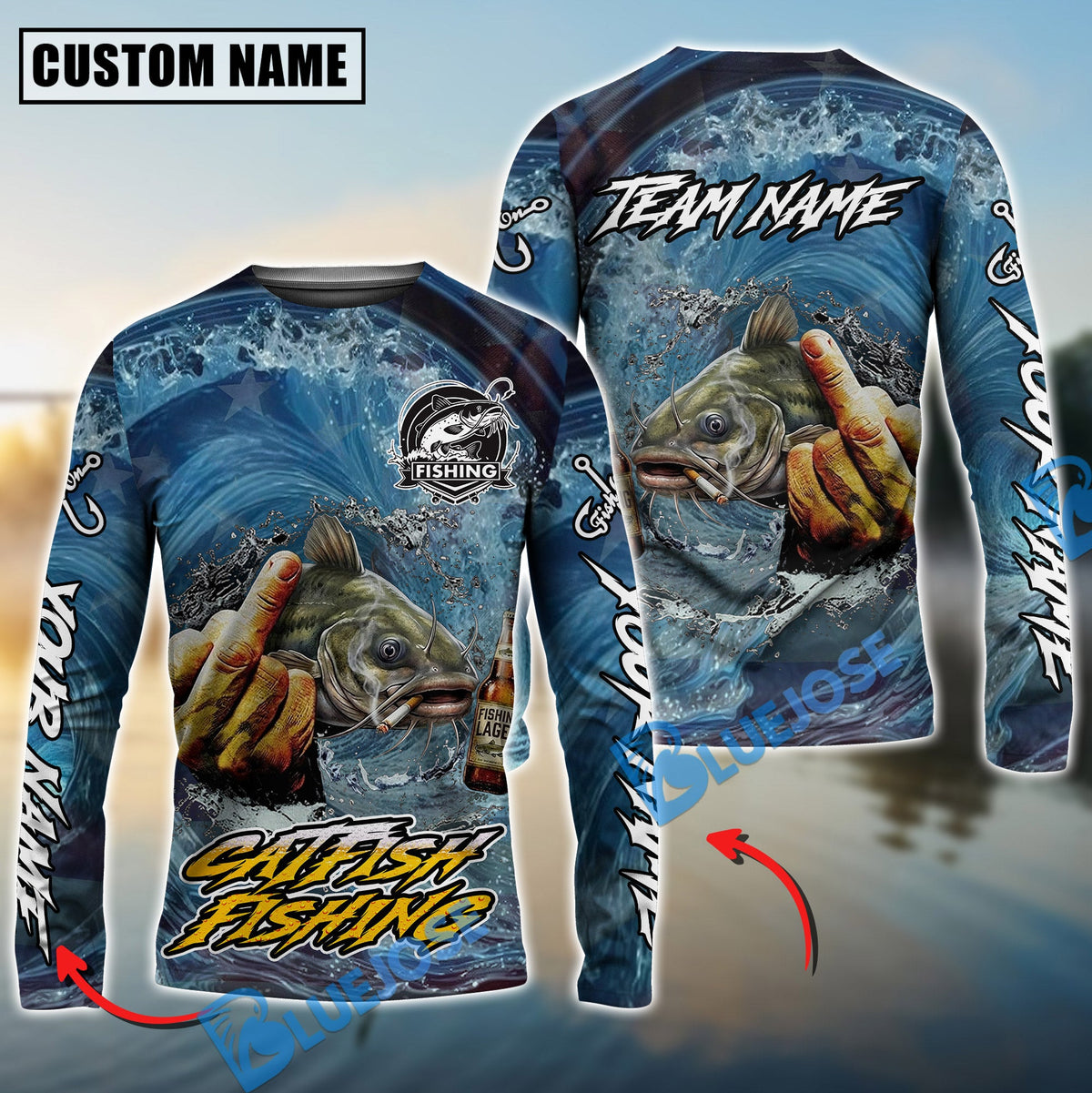 Bluejose Catfish Fishing Seawave Stinky Finger Smoking Beer Custom Name &amp; Team Name 3D Shirts