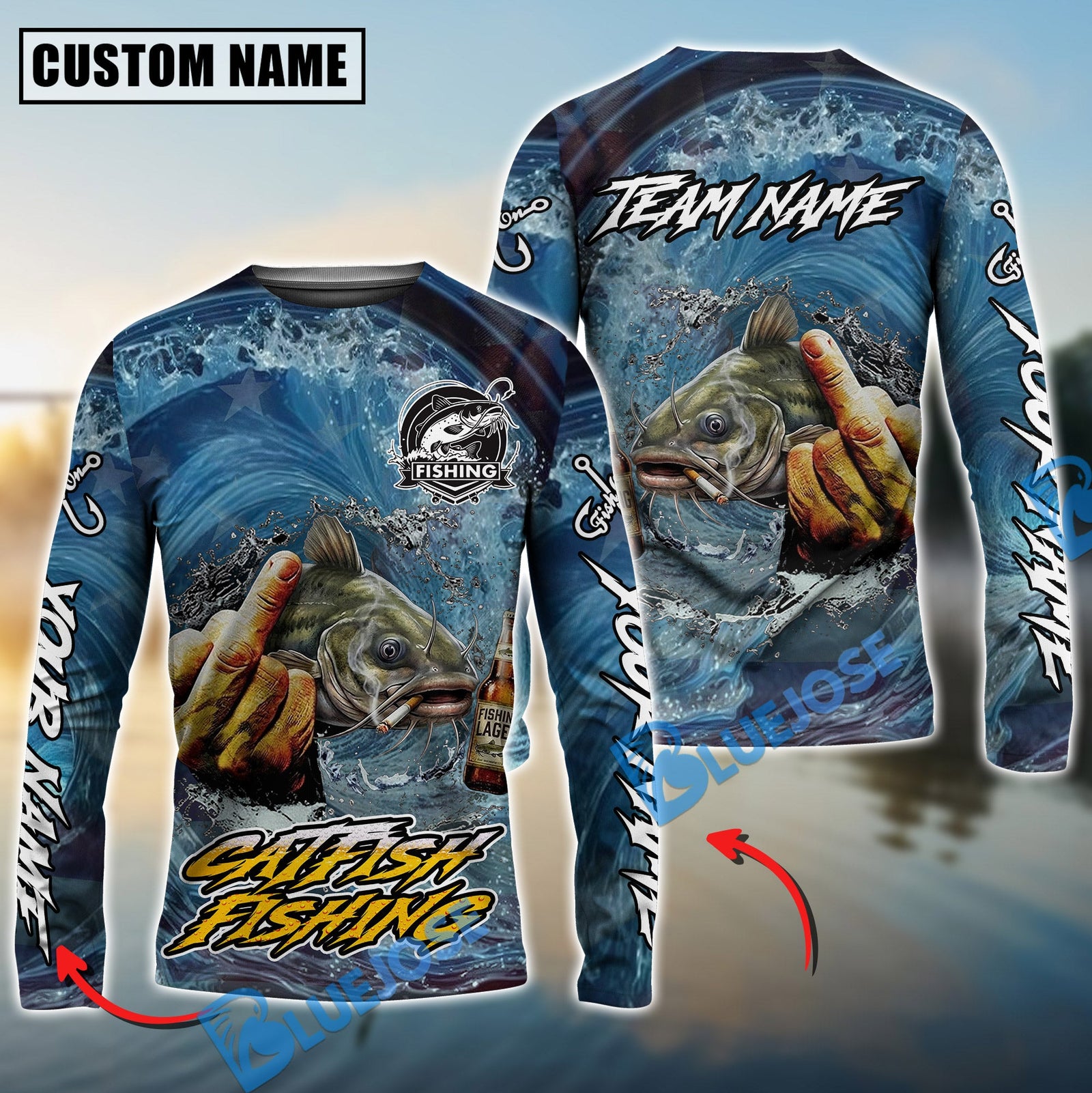 Bluejose Catfish Fishing Seawave Stinky Finger Smoking Beer Custom Name & Team Name 3D Shirts