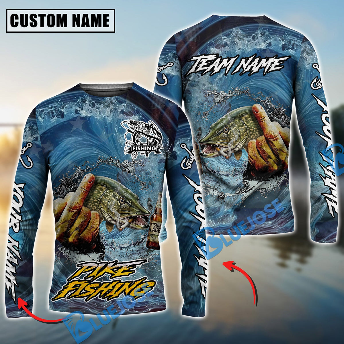 Bluejose Pike Fishing Seawave Stinky Finger Smoking Beer Custom Name &amp; Team Name 3D Shirts