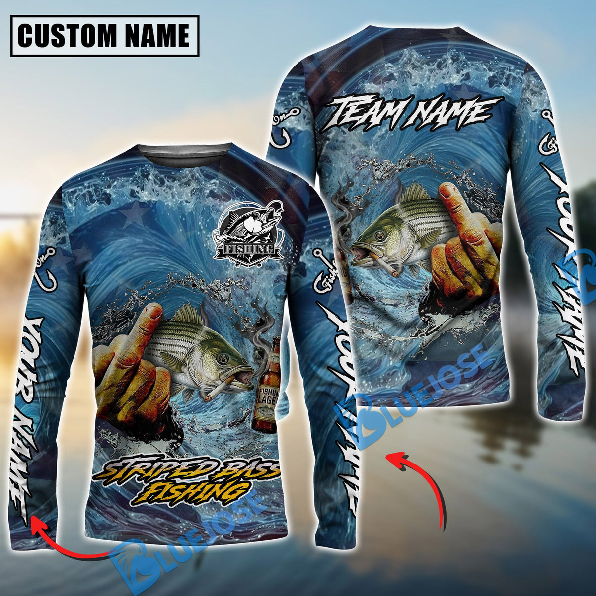Bluejose Striped Bass Fishing Seawave Stinky Finger Smoking Beer Custom Name &amp; Team Name 3D Shirts