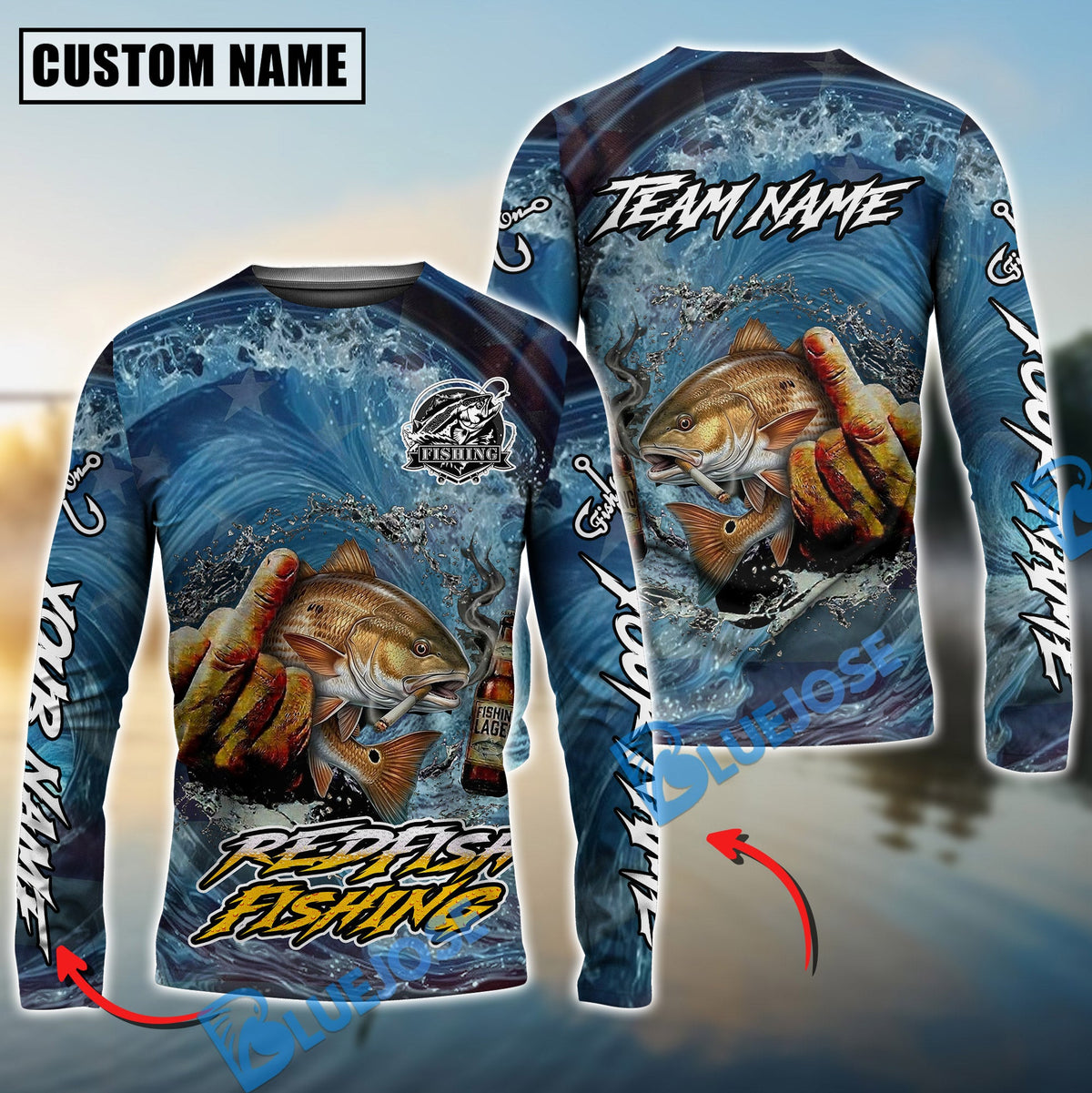 Bluejose Redfish Fishing Seawave Stinky Finger Smoking Beer Custom Name &amp; Team Name 3D Shirts