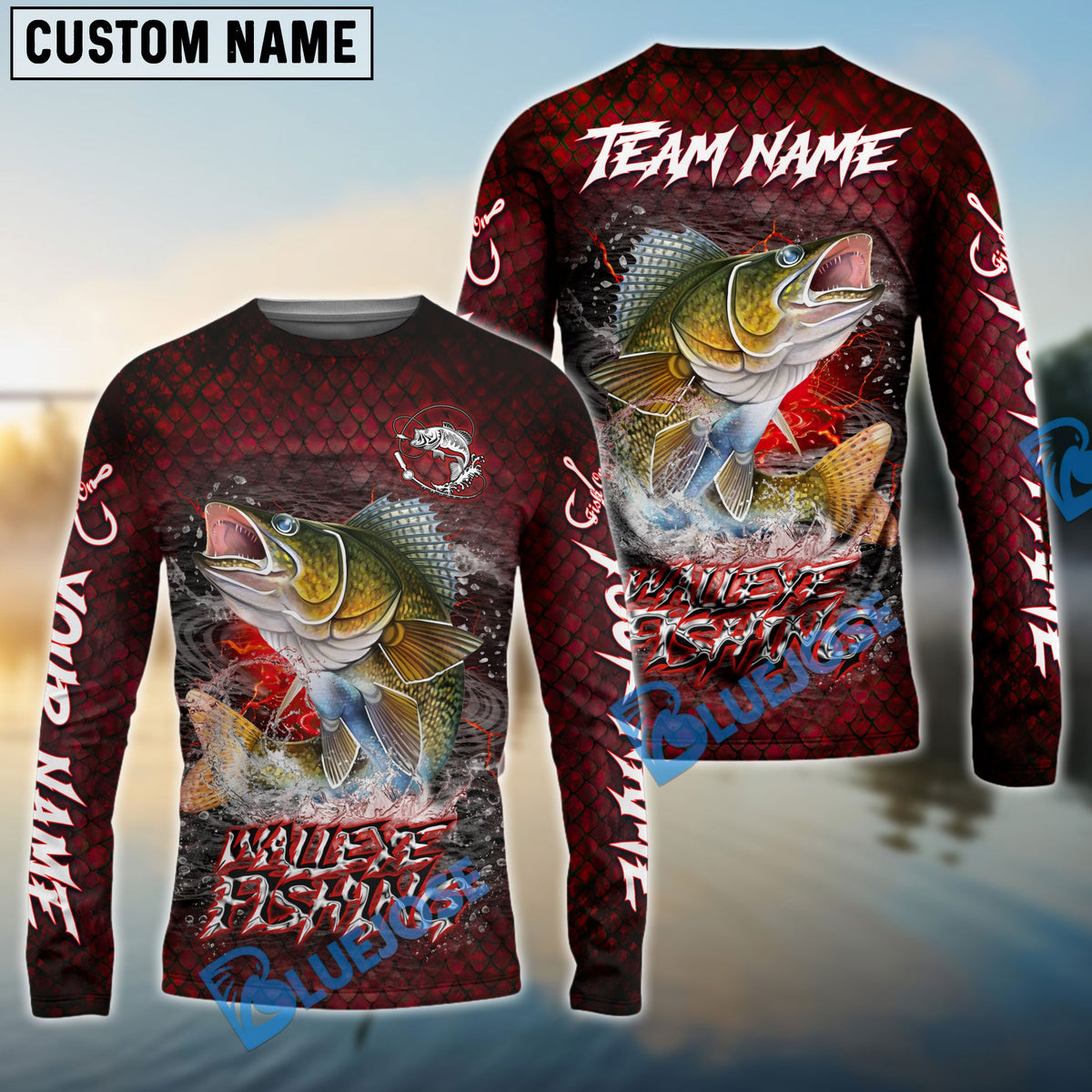 Bluejose Walleye Fishing Red Dragon Scale Lightning Custom Name &amp; Team Name 3D Shirts