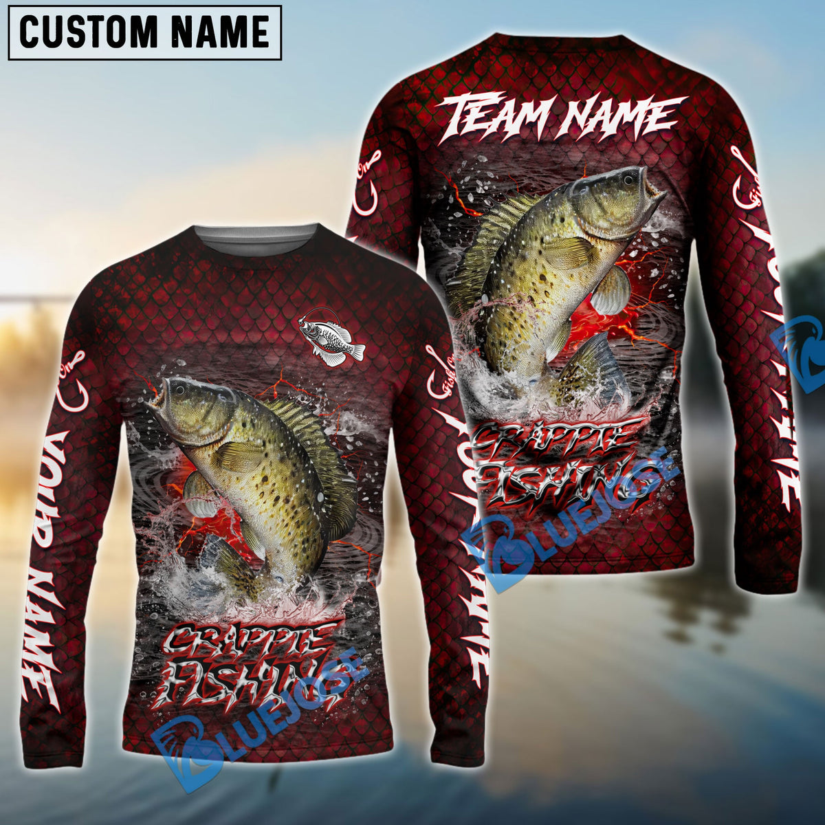 Bluejose Crappie Fishing Red Dragon Scale Lightning Custom Name &amp; Team Name 3D Shirts