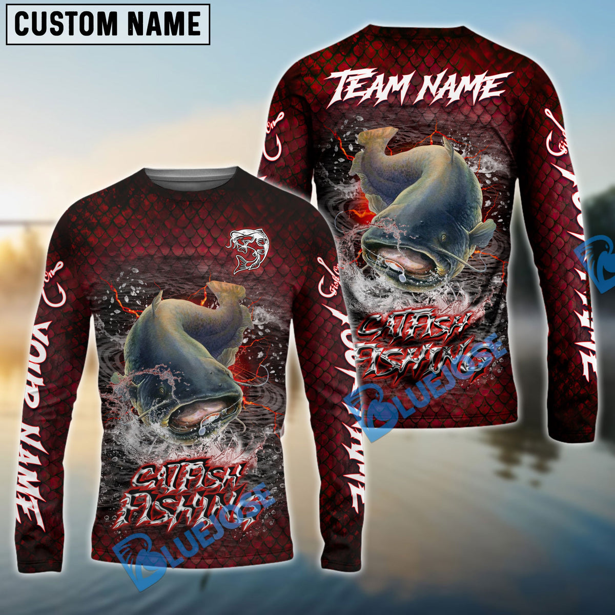 Bluejose Catfish Fishing Red Dragon Scale Lightning Custom Name &amp; Team Name 3D Shirts