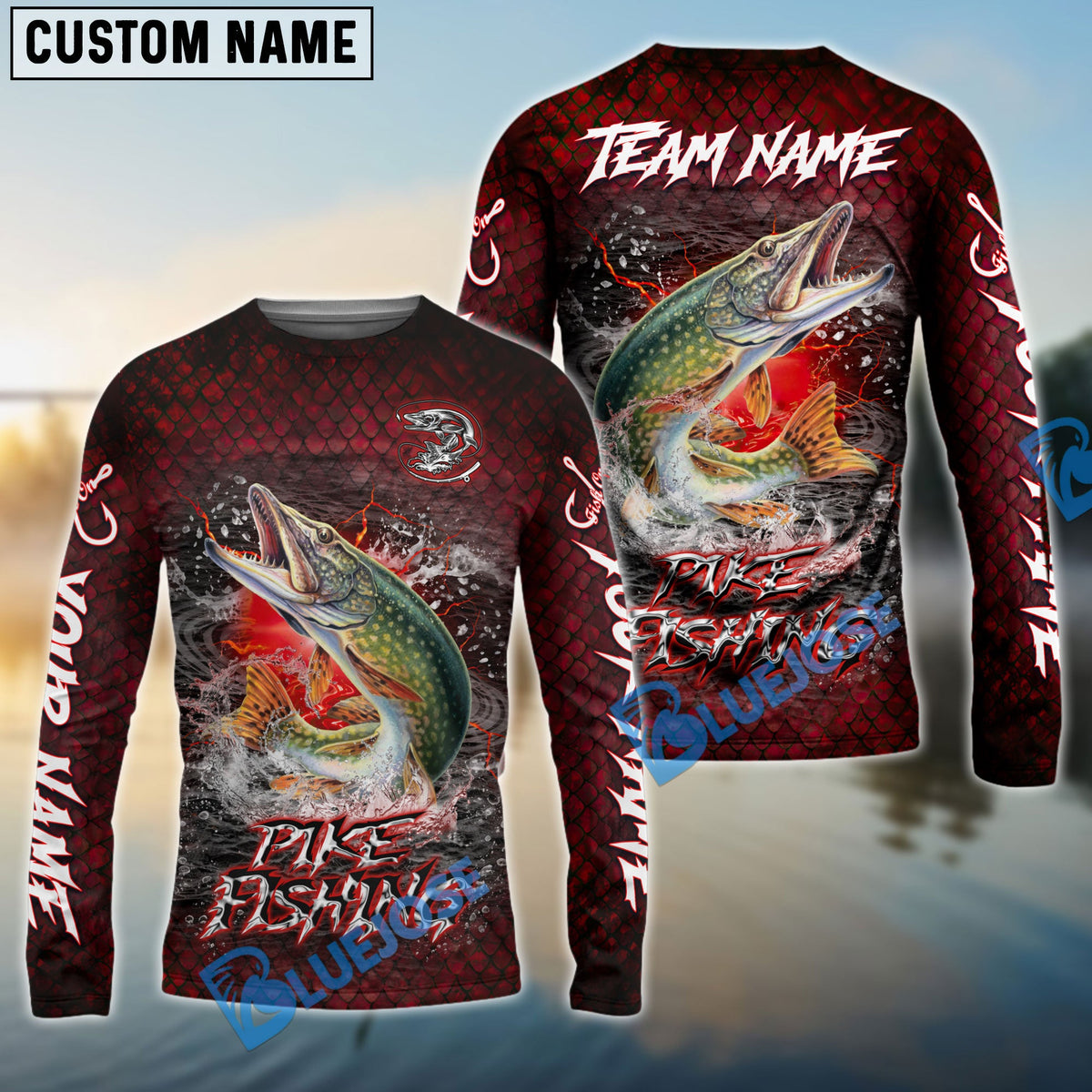 Bluejose Pike Fishing Red Dragon Scale Lightning Custom Name &amp; Team Name 3D Shirts