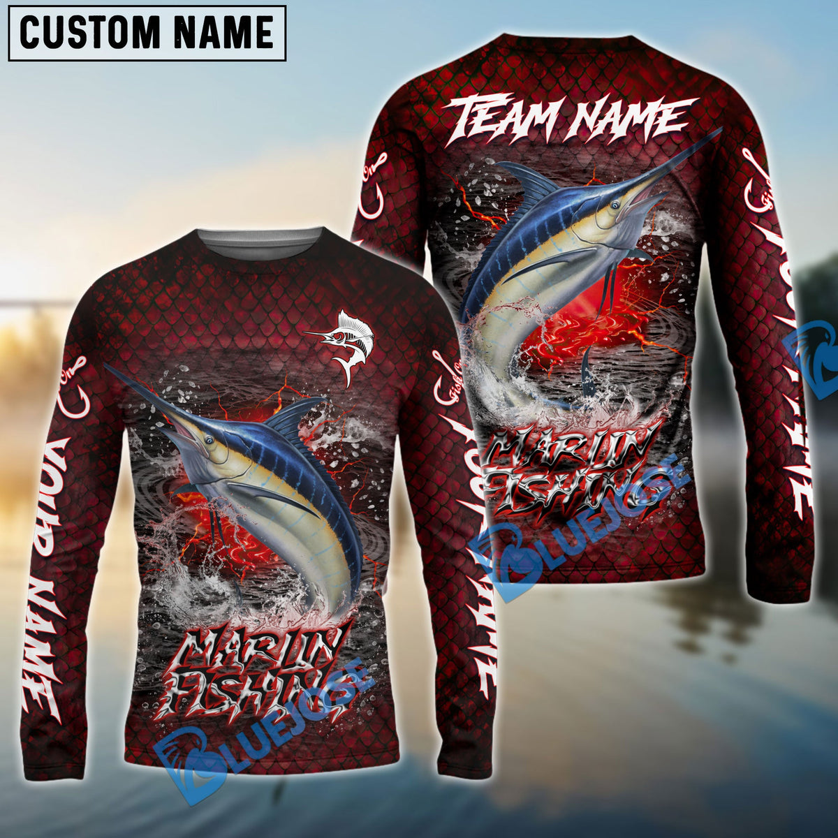 Bluejose Marlin Fishing Red Dragon Scale Lightning Custom Name &amp; Team Name 3D Shirts