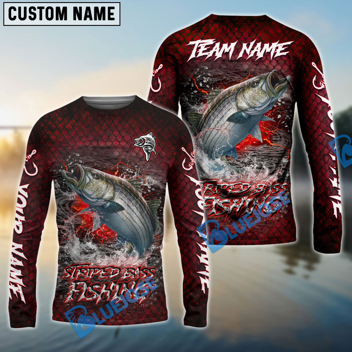 Bluejose Striped Bass Fishing Red Dragon Scale Lightning Custom Name &amp; Team Name 3D Shirts
