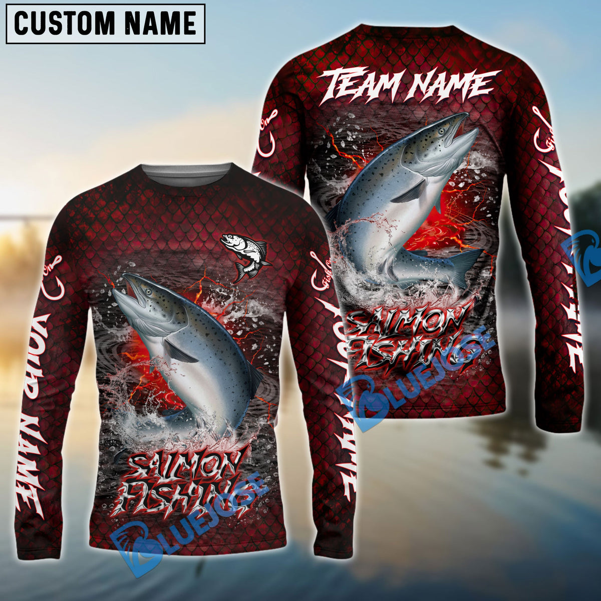 Bluejose Salmon Fishing Red Dragon Scale Lightning Custom Name &amp; Team Name 3D Shirts