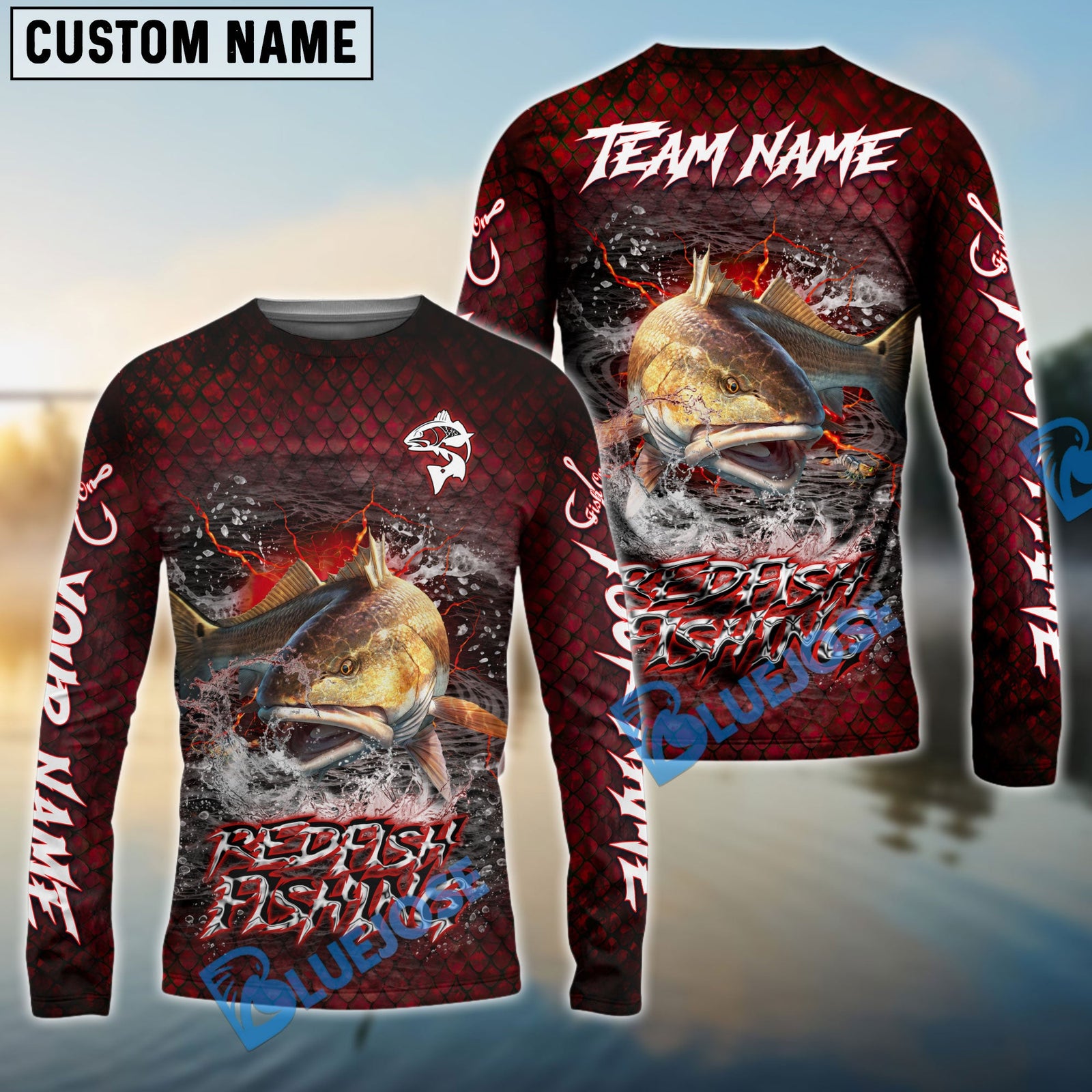 Bluejose Redfish Fishing Red Dragon Scale Lightning Custom Name & Team Name 3D Shirts