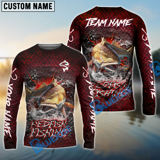 Bluejose Redfish Fishing Red Dragon Scale Lightning Custom Name & Team Name 3D Shirts