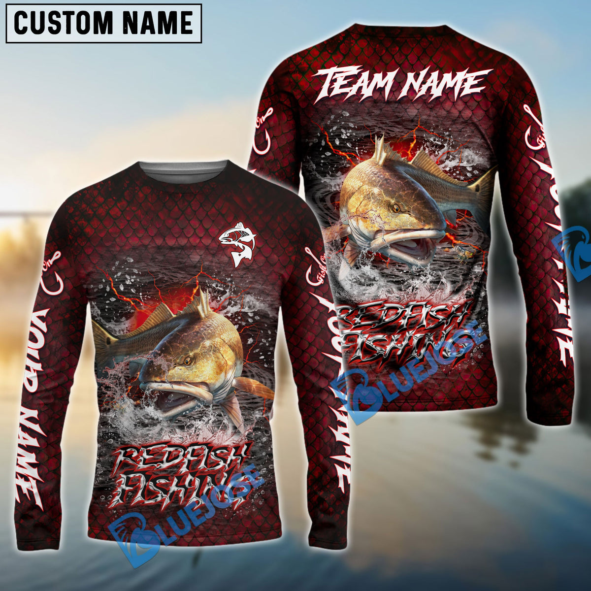Bluejose Redfish Fishing Red Dragon Scale Lightning Custom Name &amp; Team Name 3D Shirts