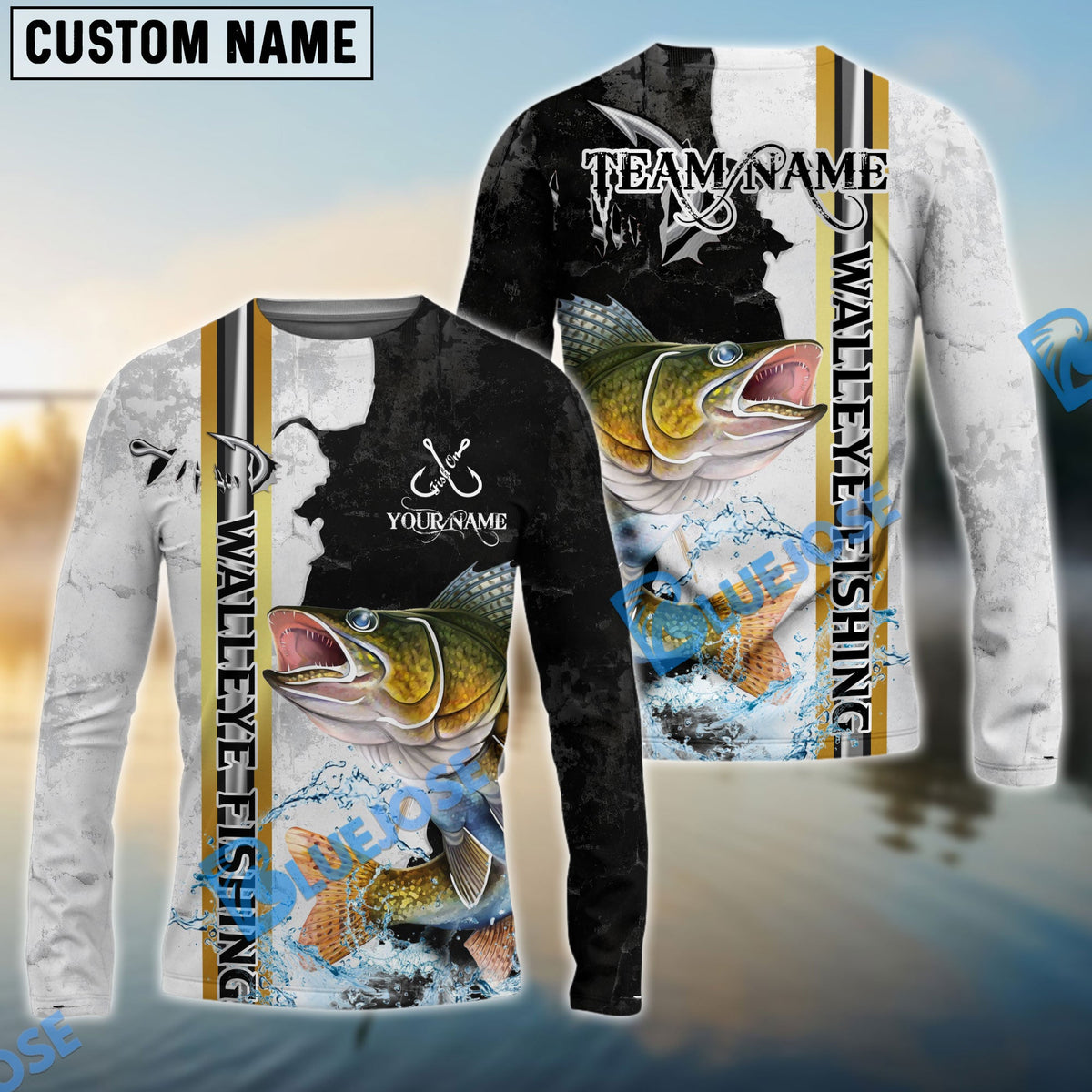 Bluejose Walleye Fishing Split Grunge Splash Design Custom Name &amp; Team Name 3D Shirts