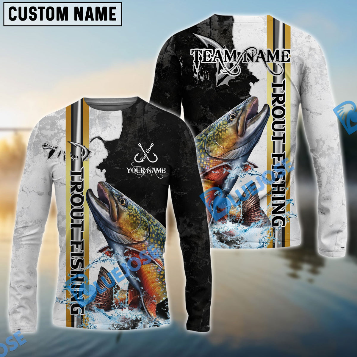 Bluejose Trout Fishing Split Grunge Splash Design Custom Name &amp; Team Name 3D Shirts