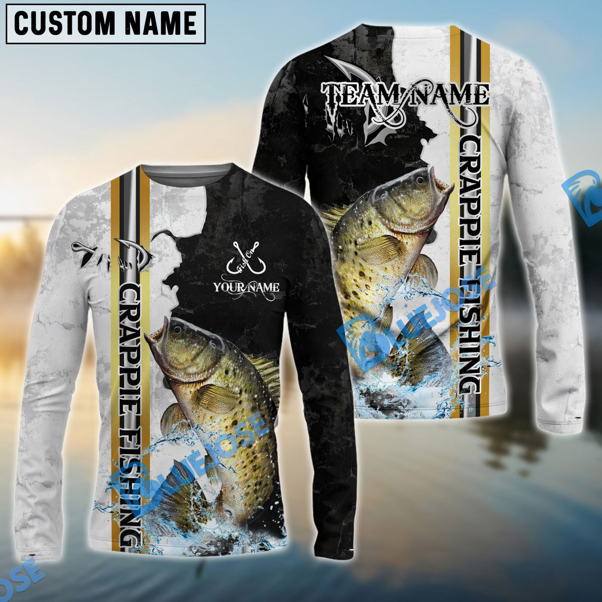 Bluejose Crappie Fishing Split Grunge Splash Design Custom Name &amp; Team Name 3D Shirts