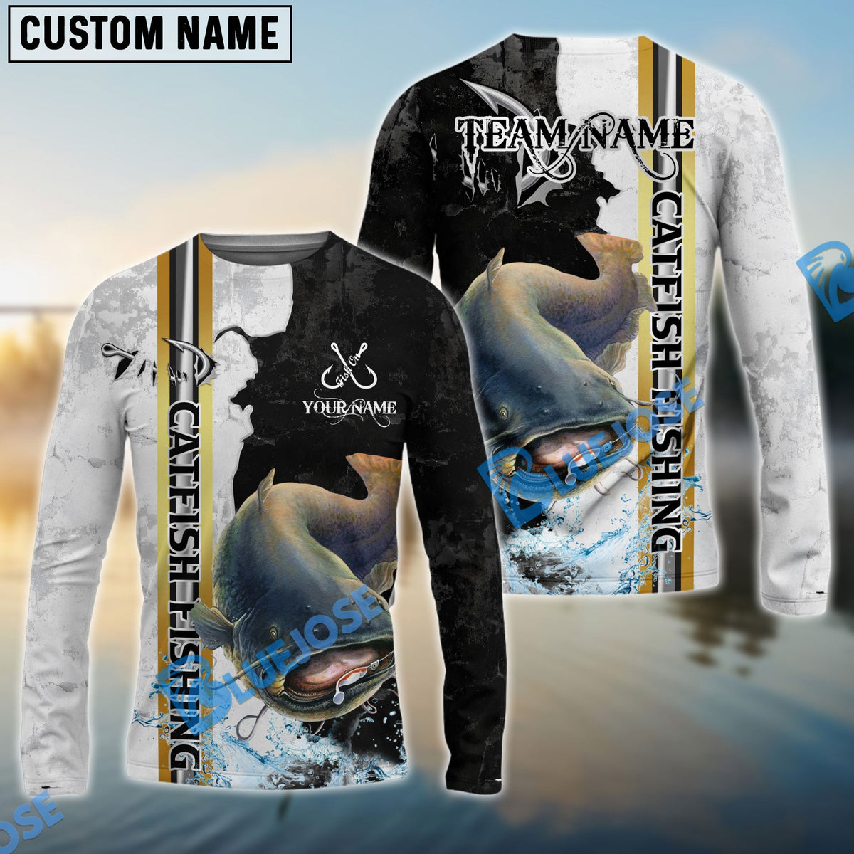 Bluejose Catfish Fishing Split Grunge Splash Design Custom Name &amp; Team Name 3D Shirts